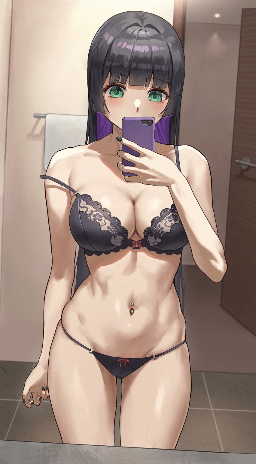 alternate_breast_size anteiru anteiru3939 arm_at_side bare_shoulders black_bra black_hair black_nails black_panties blunt_bangs blunt_ends bocchi_the_rock! bow bow_bra bow_panties bra breasts cellphone cleavage colored_inner_hair commentary_request covered_mouth cowboy_shot door female green_eyes groin hand_up highres holding holding_phone indoors lace-trimmed_bra lace_trim large_breasts long_hair looking_at_viewer mirror multicolored_hair nail_polish navel navel_piercing o-ring pa-san panties phone piercing purple_hair selfie sidelocks skindentation smartphone solo standing stomach strap_slip thighs tile_floor tiles two-tone_hair underwear underwear_only very_long_hair