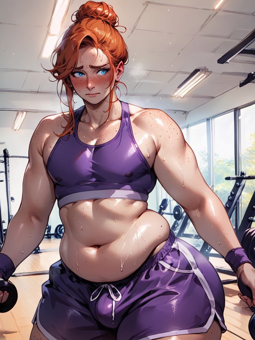 ai_generated big_ass big_belly big_butt big_thighs blue_eyes blush chubby embarrassed fat fat_ass femboy freckles freckles_on_face ginger ginger_hair gym gym_clothes gym_shorts hair_bun huge_ass huge_butt huge_thighs penis_bulge rcally red_hair sports_bra sweat sweating thick trap