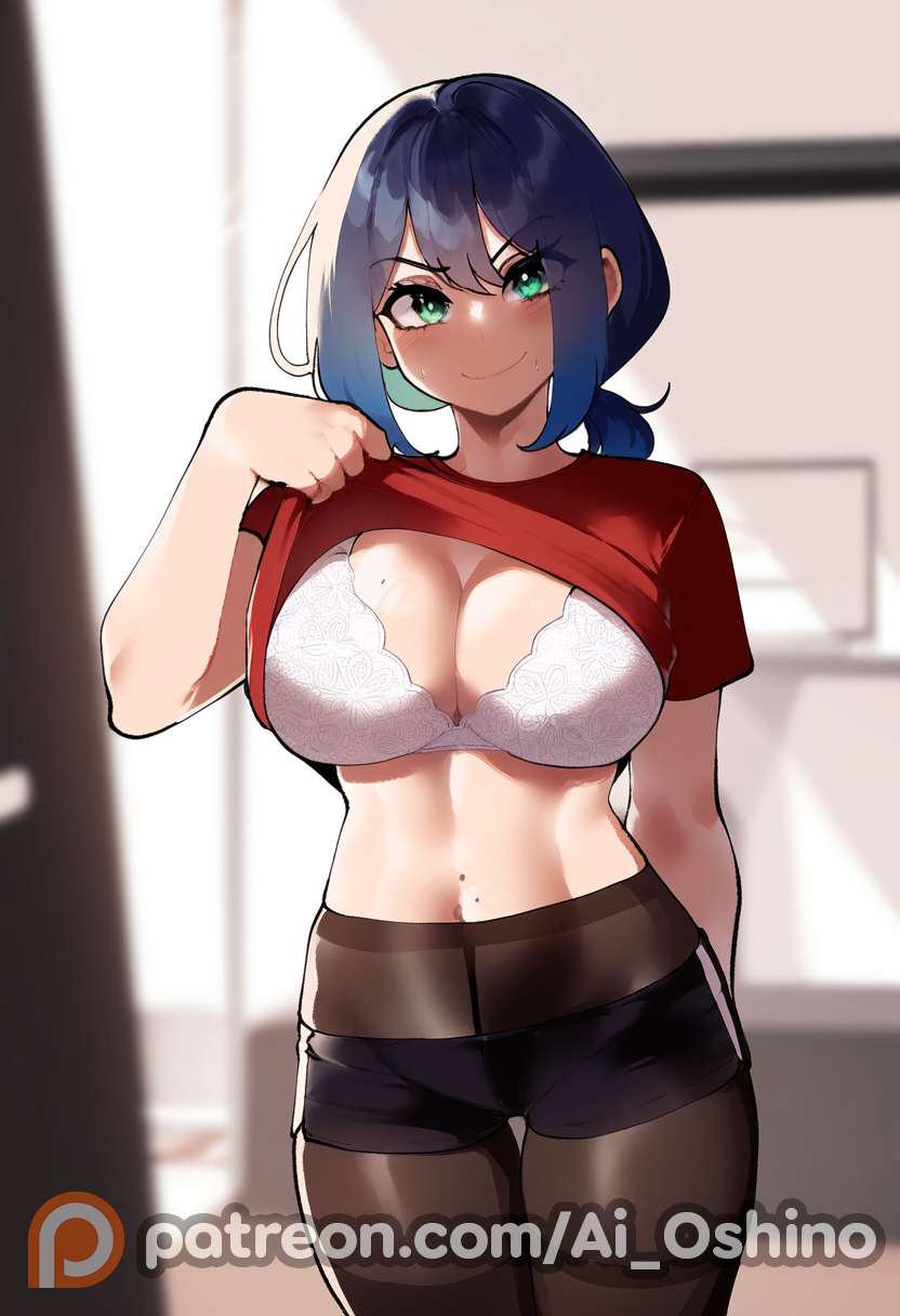 1girls absurd_res absurdres ai_generated dark-blue_hair hoshino_ai_(generated) kurokawa_akane leggings lift_shirt low_ponytail naked oshi_no_ko pantyhose ponytail portrait sportswear thiccwithaq_(ai_style) underwear