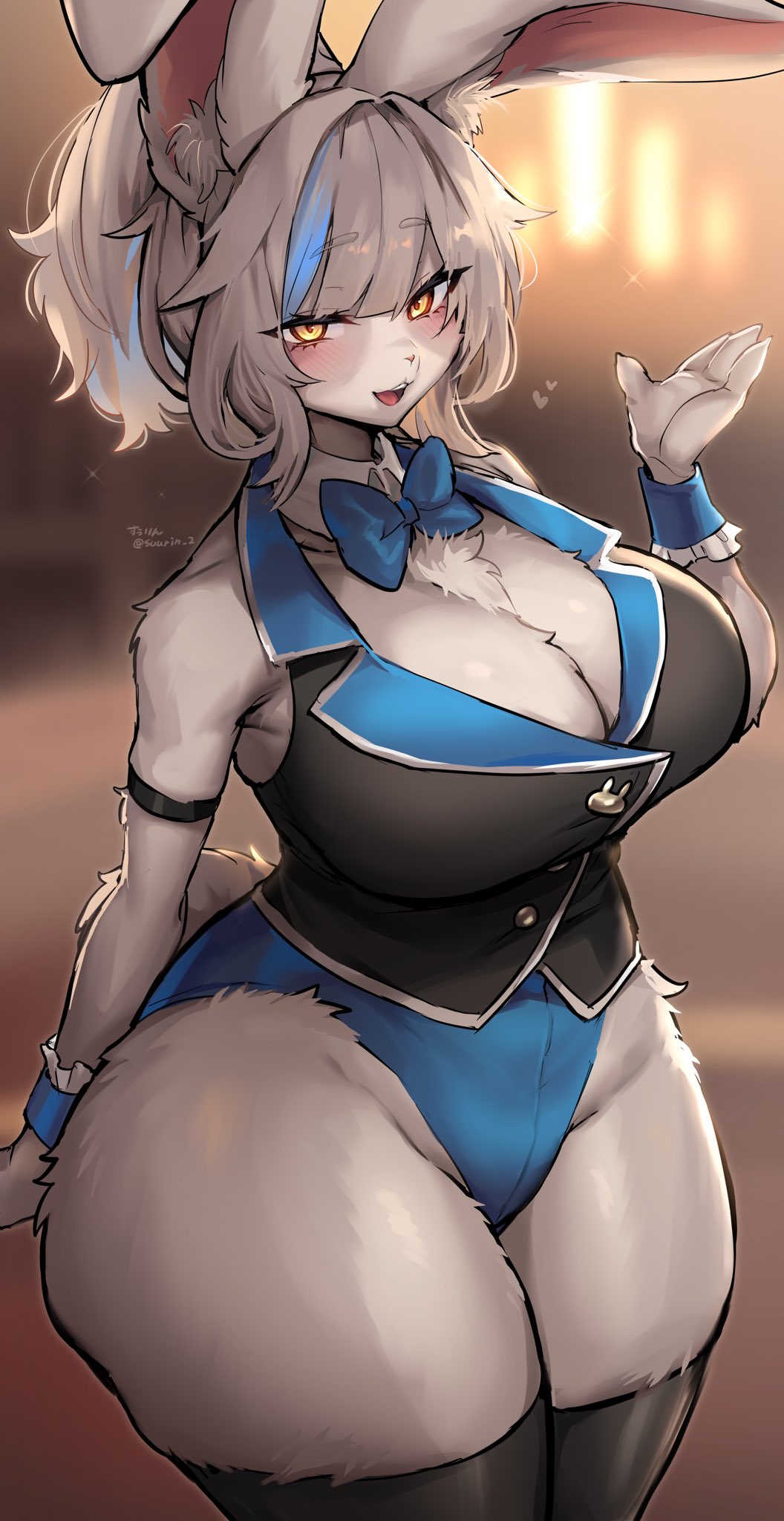 1girls 2024 anthro big_breasts black_thighhighs blue_highlights blush bunnysuit cleavage detached_collar female female_only fur furry hi_res lagomorph looking_at_viewer neck_ribbon rabbit rabbit_ears smiling smiling_at_viewer solo suurin_(ksyaro) thick_thighs thighhighs tied_hair white_fur white_hair wrist_cuffs yellow_eyes