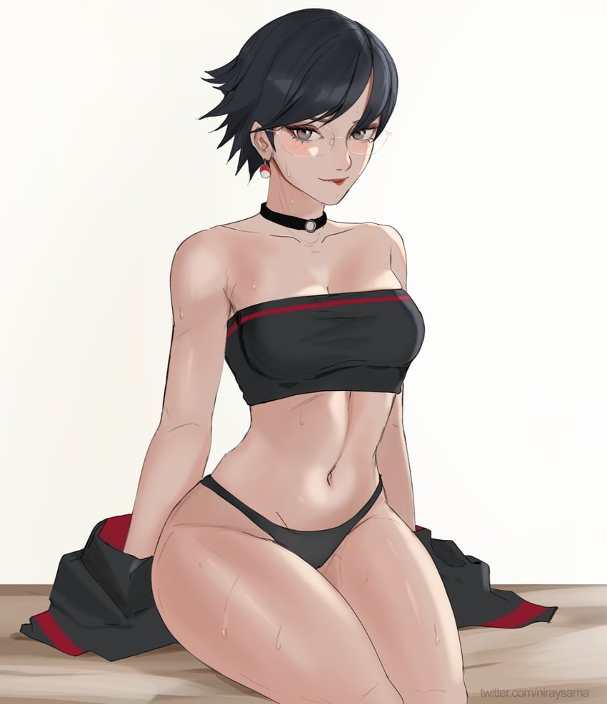 artist_name black_choker black_hair black_panties black_tube_top boruto:_naruto_next_generations breasts choker commentary earrings english_commentary female glasses grey_eyes highres jewelry lipstick looking_at_viewer naruto naruto_(series) navel panties sarada_uchiha short_hair simple_background sitting small_breasts solo solo_focus strapless sweat thighs tube_top twitter_username uchiha_sarada uchihaniray underwear watermark web_address white_background