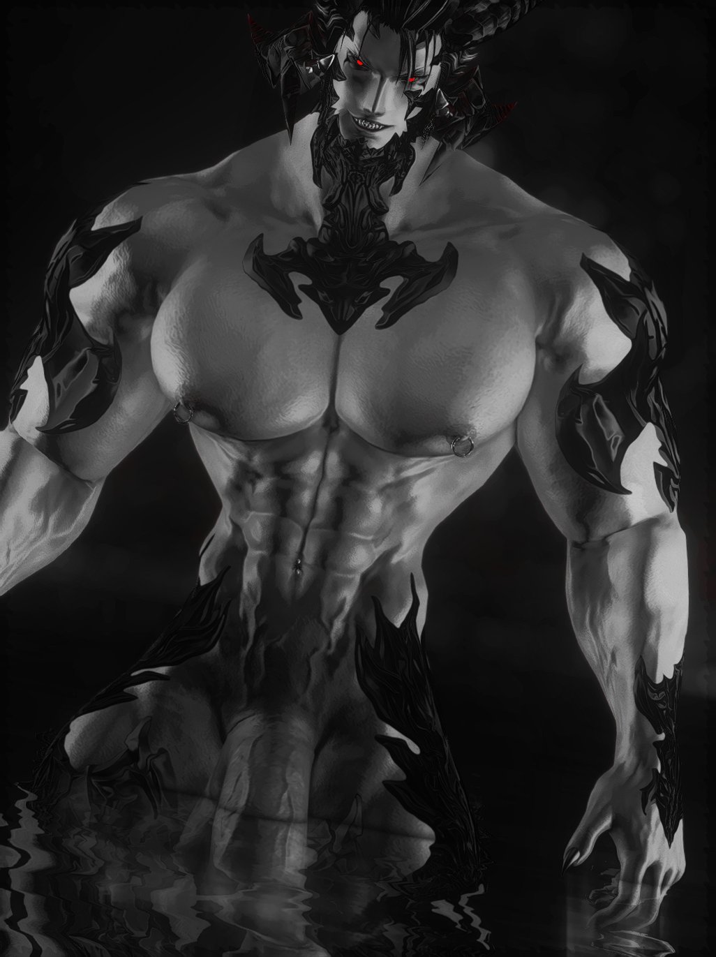 1boy 3d abs au_ra bara big_pecs cocky dominant dominant_male domination evil_grin final_fantasy final_fantasy_xiv horn looking_at_viewer looking_down looking_down_at_viewer low-angle_view male male_only man_boobs menacing monochrome muscular muscular_arms muscular_chest naughty_face nipple_piercing nipples nude pecs penis pov pov_eye_contact rape_face red_eyes sadistic_smile scales scalie sharp_teeth smile smiling_at_viewer smirk smirking_at_viewer smug solo solo_male standing standing_in_water standing_over_viewer tail thexaelavampire