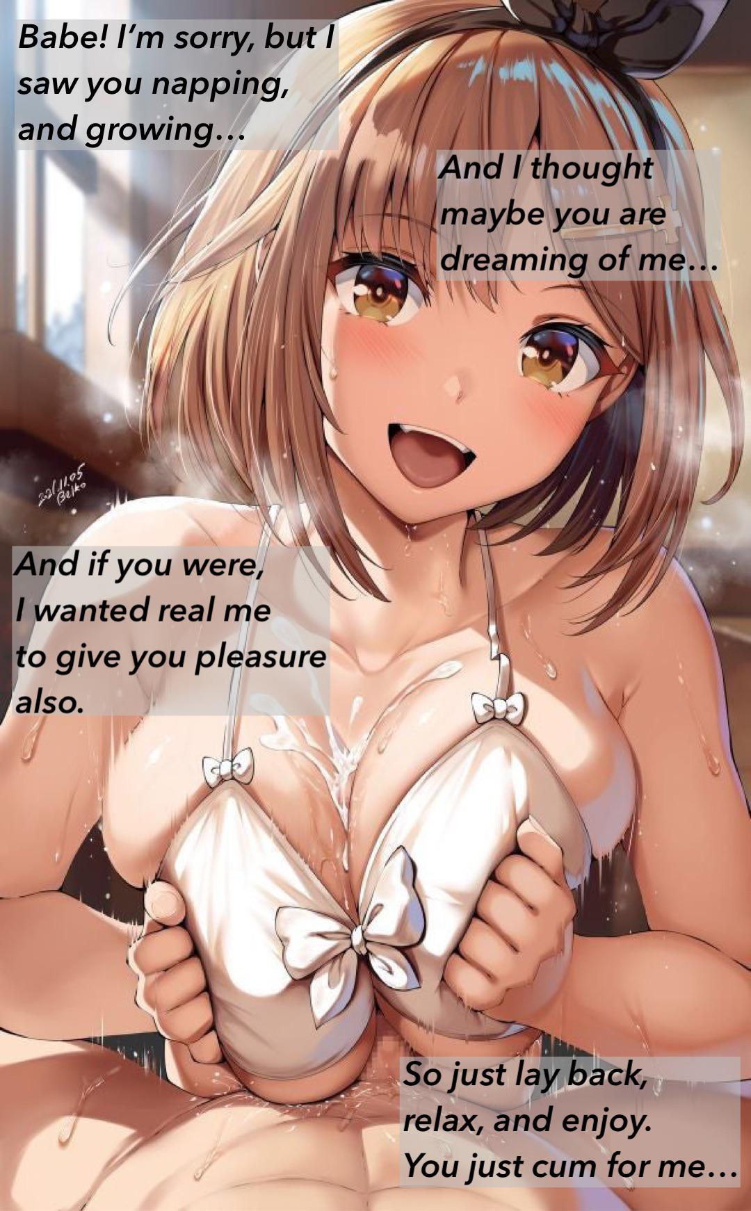 1boy 1girls atelier_(series) atelier_ryza bare_shoulders belko bikini black_ribbon blush breasts breasts_squeezed_together brown_eyes brown_hair caption cleavage collarbone cum cum_on_body cum_on_breasts cum_on_upper_body ejaculation english_text girlfriend hair_ornament hair_ribbon hairclip highres large_breasts lolicept looking_at_viewer open_mouth paizuri penis plainwater_(captioner) reisalin_stout ribbon smile straight sweat swimsuit white_bikini