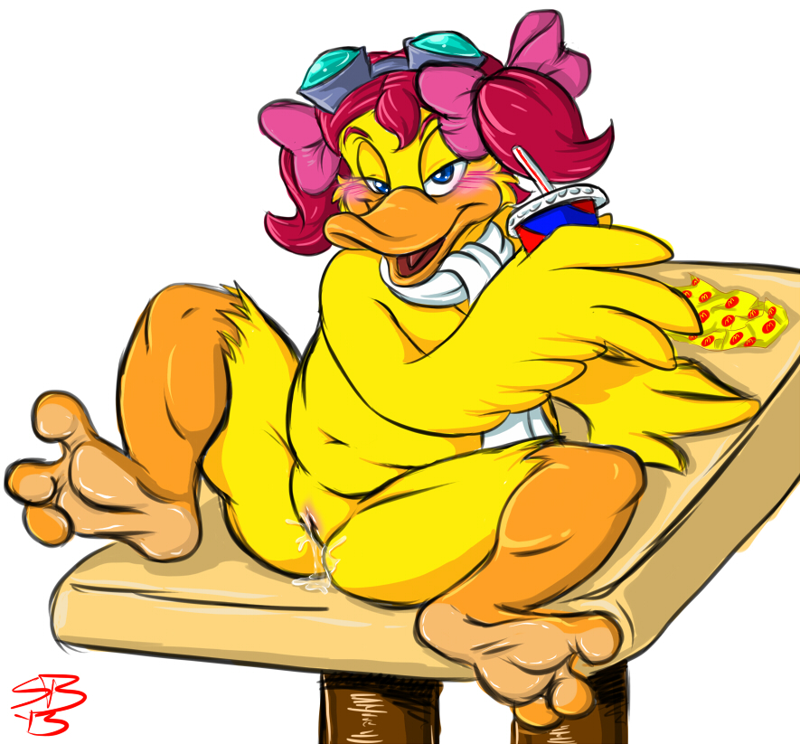 2013 2d 2d_(artwork) 2d_artwork anthro avian belly bird birdie_the_early_bird blush digital_art digital_drawing_(artwork) digital_media_(artwork) drink duck eyewear female food furry furry_female goggles hair_ribbon hairbow half-closed_eyes holding_drink holding_object mascot mcdonald's mostly_nude navel nude on_table presenting presenting_pussy pussy pussy_juice ribbons scarf sean_blackthorne slightly_chubby solo spread_legs spreading tied_hair twintails wings