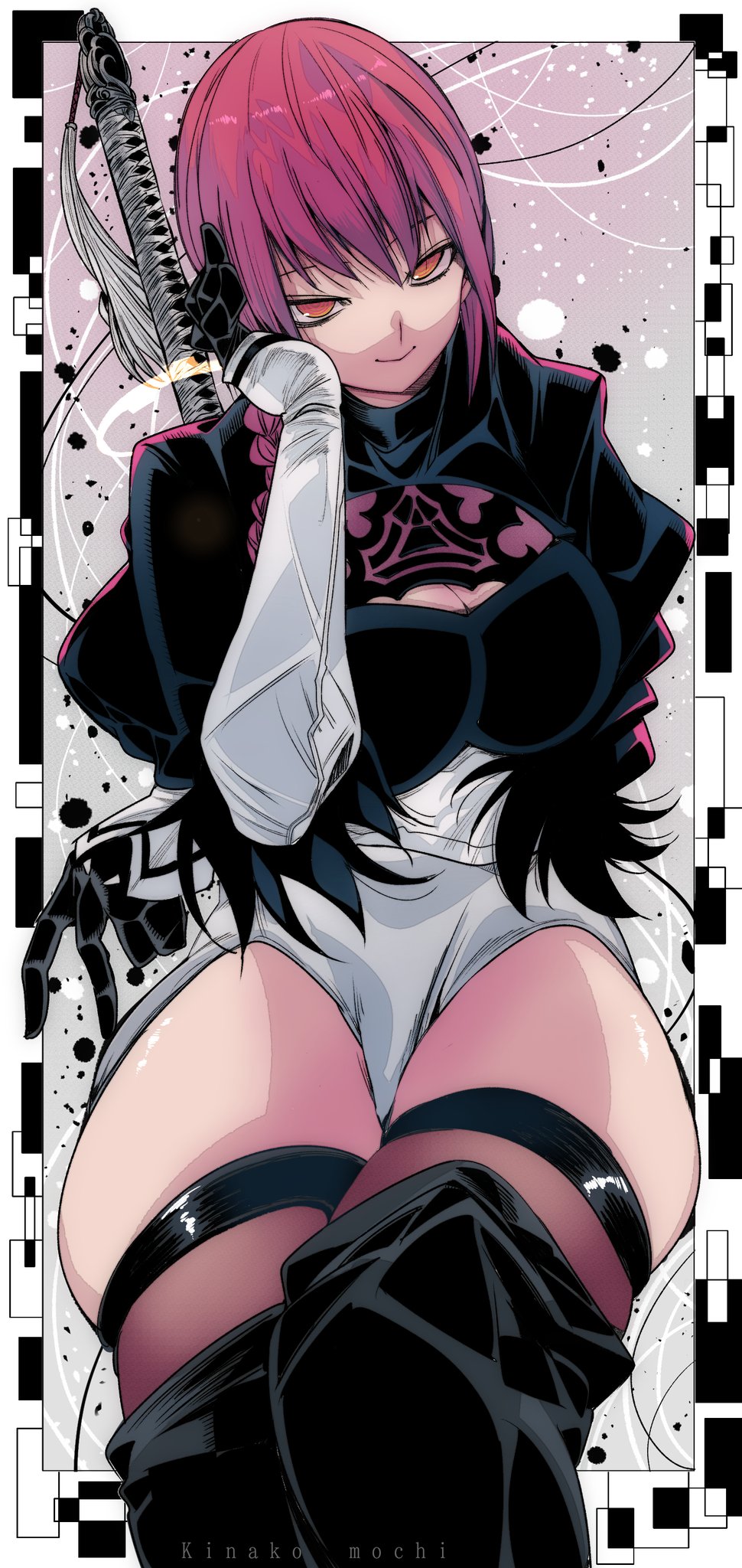 1girls, big breasts, breasts, chainsaw man, cleavage, cosplay, crossover, crossover cosplay, female, female focus, female only, light skin, light-skinned female, makima (chainsaw man), nier (series), nier: automata, omochi db, red hair, red hair female, redhead female, simple background, thick thighs, yellow eyes, yellow eyes female, yorha 2b (cosplay)