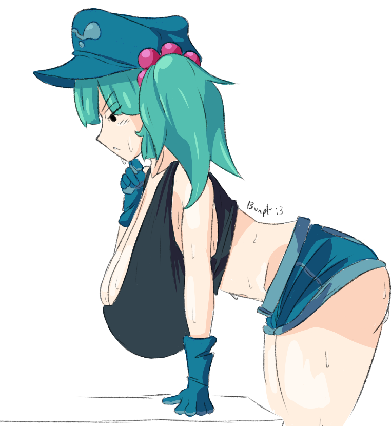 1girls big_breasts blue_hair breasts bunpt cleavage cyan_hair gloves hat huge_breasts light-skinned_female long_gloves mob_face nitori_kawashiro nono_(notnoe) shorts sideass solo solo_female sweaty_body tank_top thick_ass thick_thighs thighs touhou twintails watermark white_background