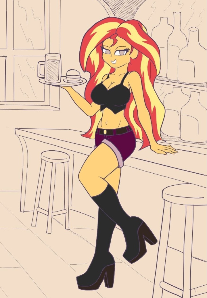 1girls 2023 alcohol artist_request belly black_boots black_clothing black_topwear boots cleavage crop_top equestria_girls female female_only food friendship_is_magic hamburger high_heel_boots long_hair midriff my_little_pony navel red_and_yellow_hair shorts solo solo_female sunset_shimmer twitter twitter_link two_tone_hair waitress yellow_body
