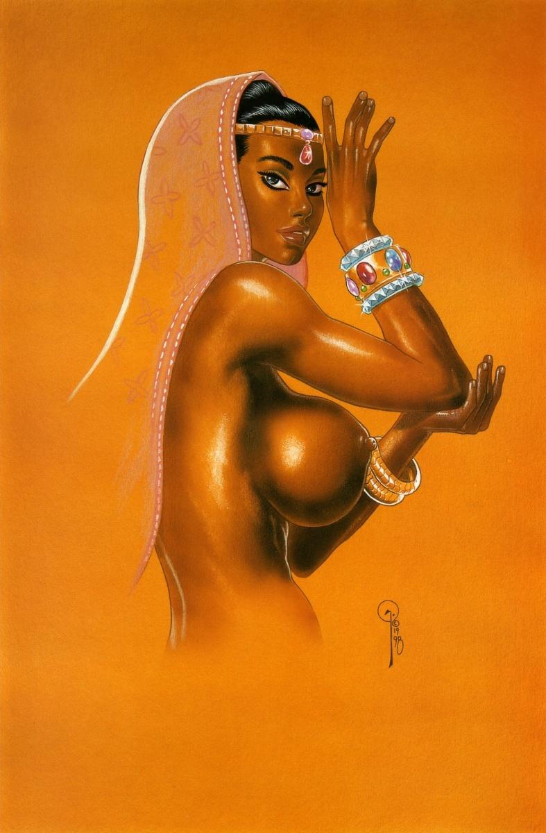 1990s 1998 1girls 20th_century arabian big_breasts black_hair breasts dark-skinned_female dark_skin female female_only kevin_j_taylor nipples solo