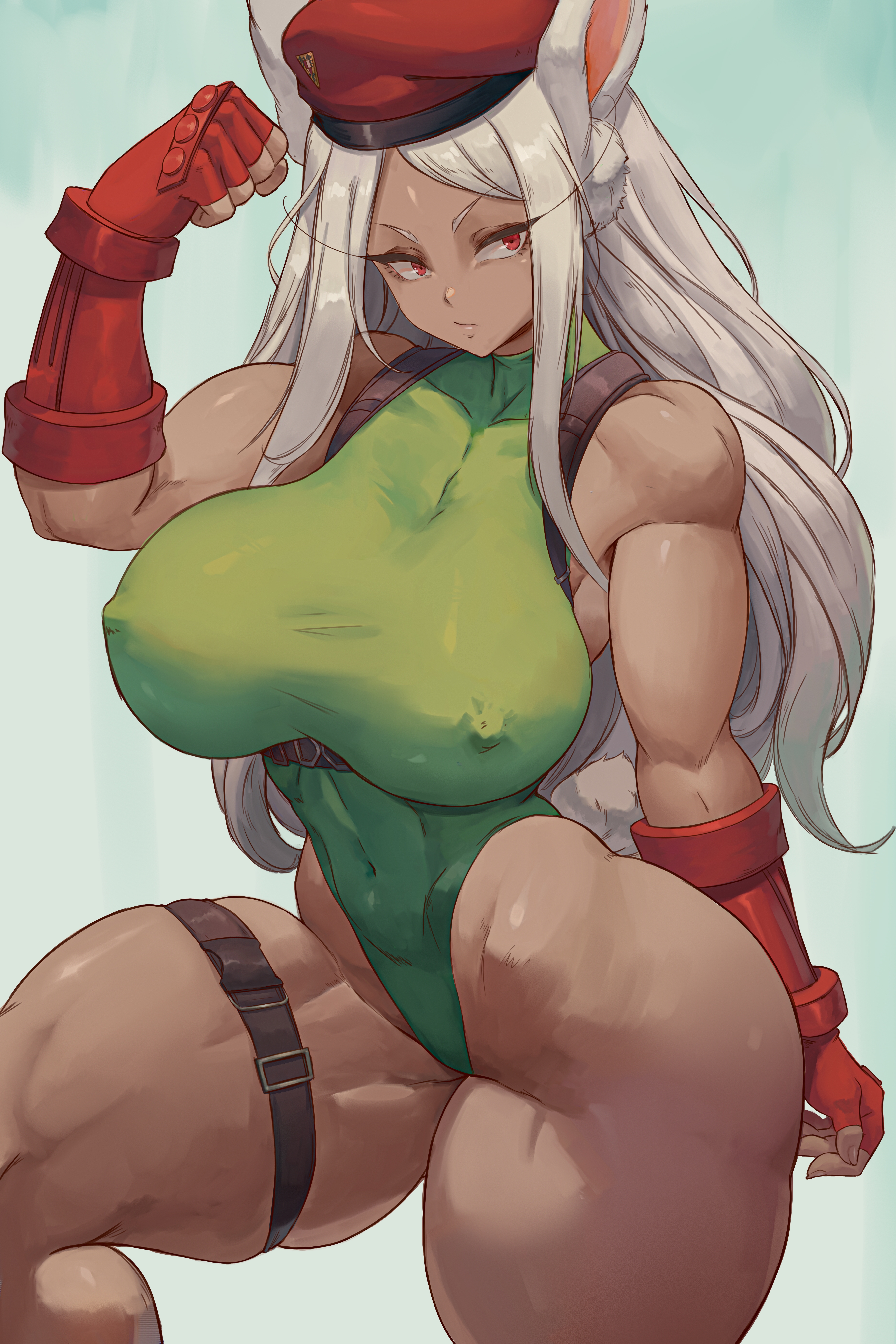 1girls, absurd res, breasts, cammy white (cosplay), capcom, cosplay, dark skin, dark-skinned female, female, hi res, huge breasts, lesottart, long hair, miruko, my hero academia, rabbit ears, red eyes, rumi usagiyama, street fighter, white hair