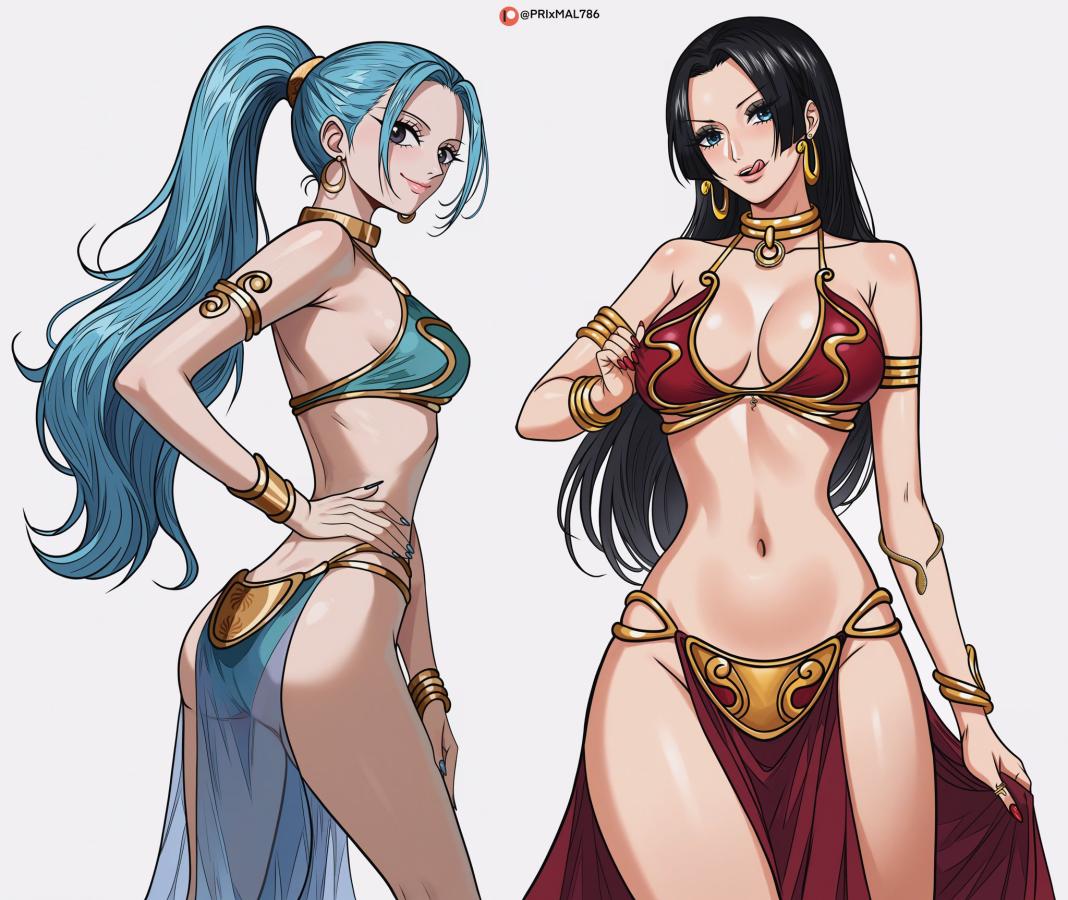 2girls ai_generated bare_arms bare_back bare_legs bare_midriff bare_shoulders bare_thighs belly_button belly_dancer belly_dancer_outfit big_breasts bikini bikini_top black_hair blue_bikini blue_bikini_top blue_eyes blue_hair blue_loincloth blue_nail_polish blue_nails boa_hancock bracelet breasts cleavage collar earrings female female_only gold_(metal) gold_bracelets gold_collar gold_earrings gold_jewelry golden_bracelets golden_collar golden_earrings grey_eyes harem harem_girl harem_outfit hourglass_figure large_breasts licking licking_lips lipstick loincloth long_hair long_ponytail medium_boobs medium_breasts metal_bracelet metal_collar midriff multiple_girls nail_polish navel nefertari_vivi one_piece pink_lips pink_lipstick ponytail prixmal red_bikini red_bikini_top red_loincloth red_nail_polish red_nails see-through see-through_clothing sideass slave slave_bikini slave_collar slave_leia slave_leia_(cosplay) slave_outfit slavegirl snake_earrings star_wars thick_thighs tongue tongue_out wide_hips