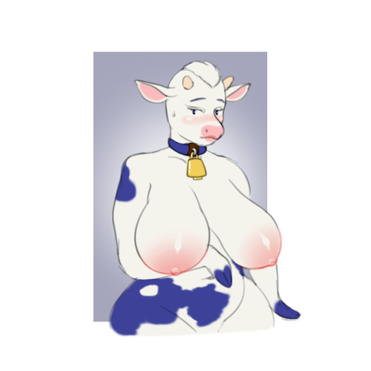 anthro big_breasts blush bovine breasts cattle collar cowbell female fur hooves horn huge_breasts lactaid lactaid_cow mammal mascot nude slightly_chubby solo voluptuous white_fur wide_hips xouual