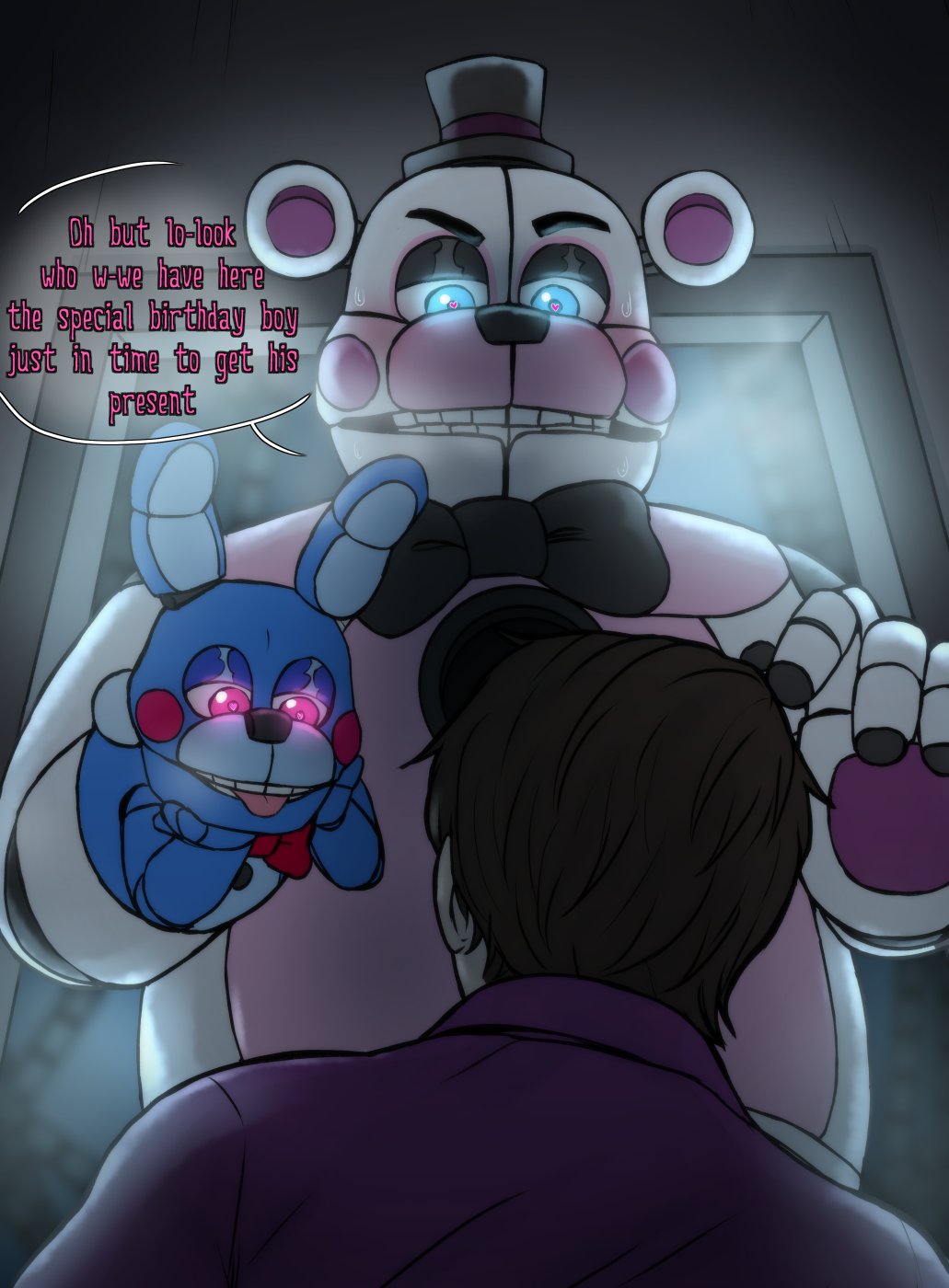 2023 animatronic animatronics bear blue_body blue_eyes brown_hair bunny color colored english_text eyes_half_open five_nights_at_freddy&#039;s five_nights_at_freddy&#039;s:_sister_location fnaf fog foggy_background funtime_freddy funtime_freddy_(fnafsl) gay glowing_eyes half-closed_eyes heart-shaped_pupils human male male_only michael_afton pink_eyes puppet_bonnie_(fnafsl) purple_shirt rabbit robot scottgames short_hair spaceandroids sweat sweatdrop text tongue_out white_body
