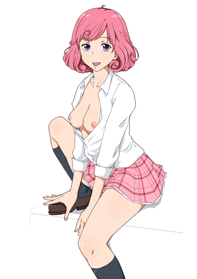 1girls, 2014, blush, breasts, clothing, curly hair, female, female only, kasiwagi, kofuku (noragami), nipples, noragami, pink hair, purple eyes, shirt, shoes, sitting, skirt, smile, socks, solo, topless