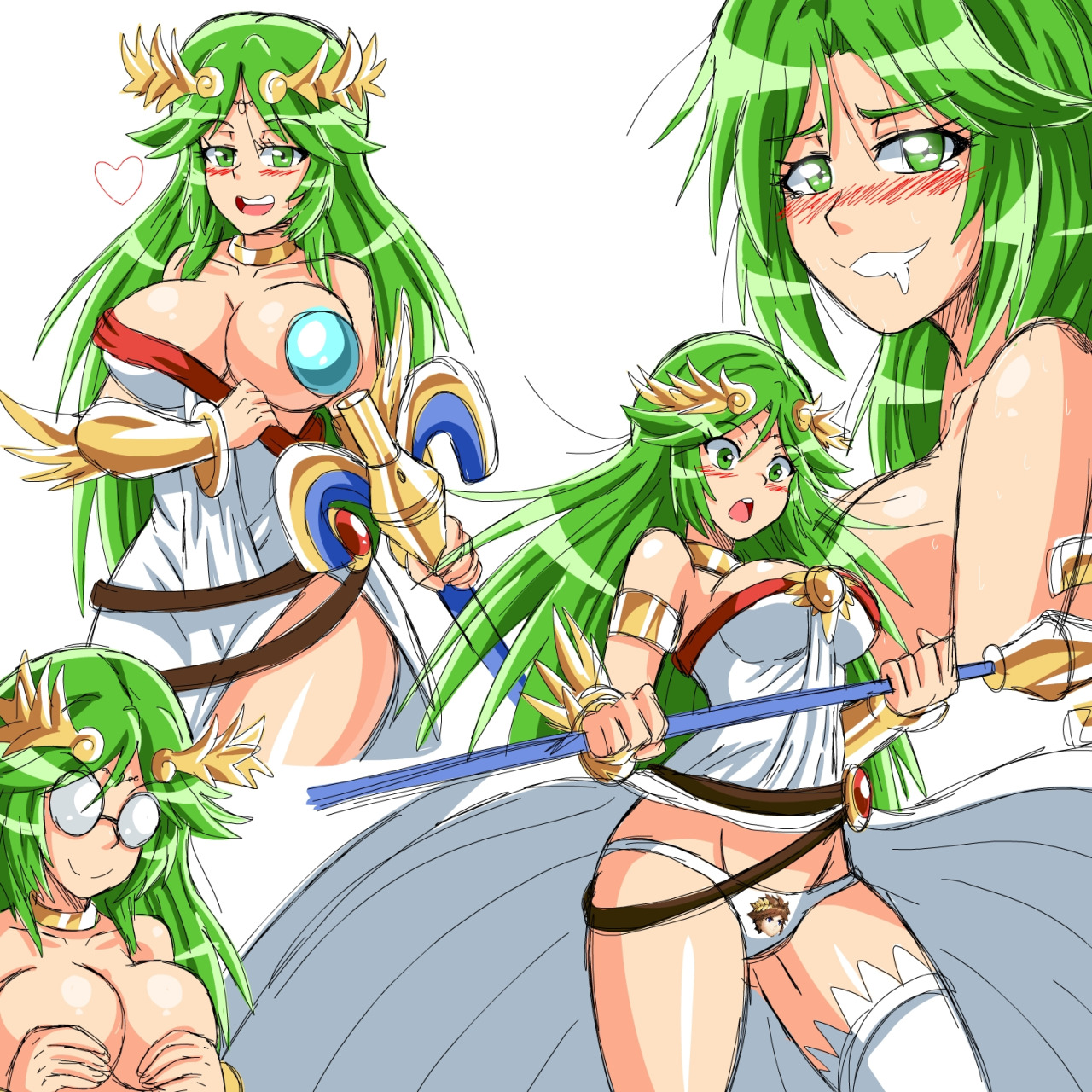 breasts, convenient censoring, female, green eyes, green hair, kid icarus, lewdamone, looking at viewer, looking pleasured, multiple poses, nintendo, one breast out, palutena, panties, print panties, solo