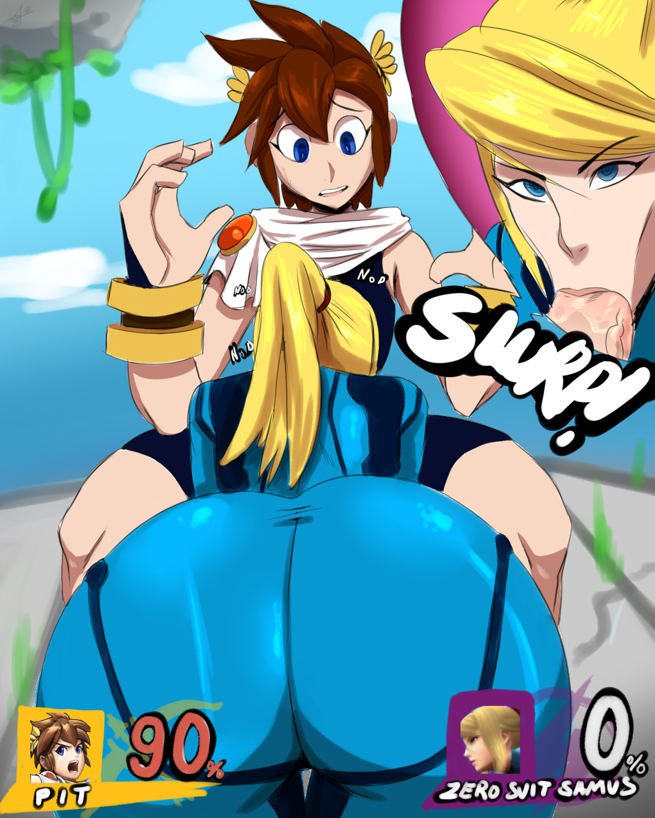 :>=, 1boy, 1girls, age difference, alternate version available, angel, ass, back, bent over, bike shorts, blonde hair, blue eyes, bodysuit, brown hair, clothed sex, crossover, crossover pairing, fellatio, female, from behind, hud, huge ass, human, interspecies, kid icarus, long hair, male, metroid, nintendo, oral, penis, penis out, pit (kid icarus), ponytail, saliva, samus aran, size difference, straight, super smash bros., super smash bros. for nintendo 3ds and wii u, text, thehumancopier, thick thighs, tied hair, wide hips, zero suit, zero suit samus