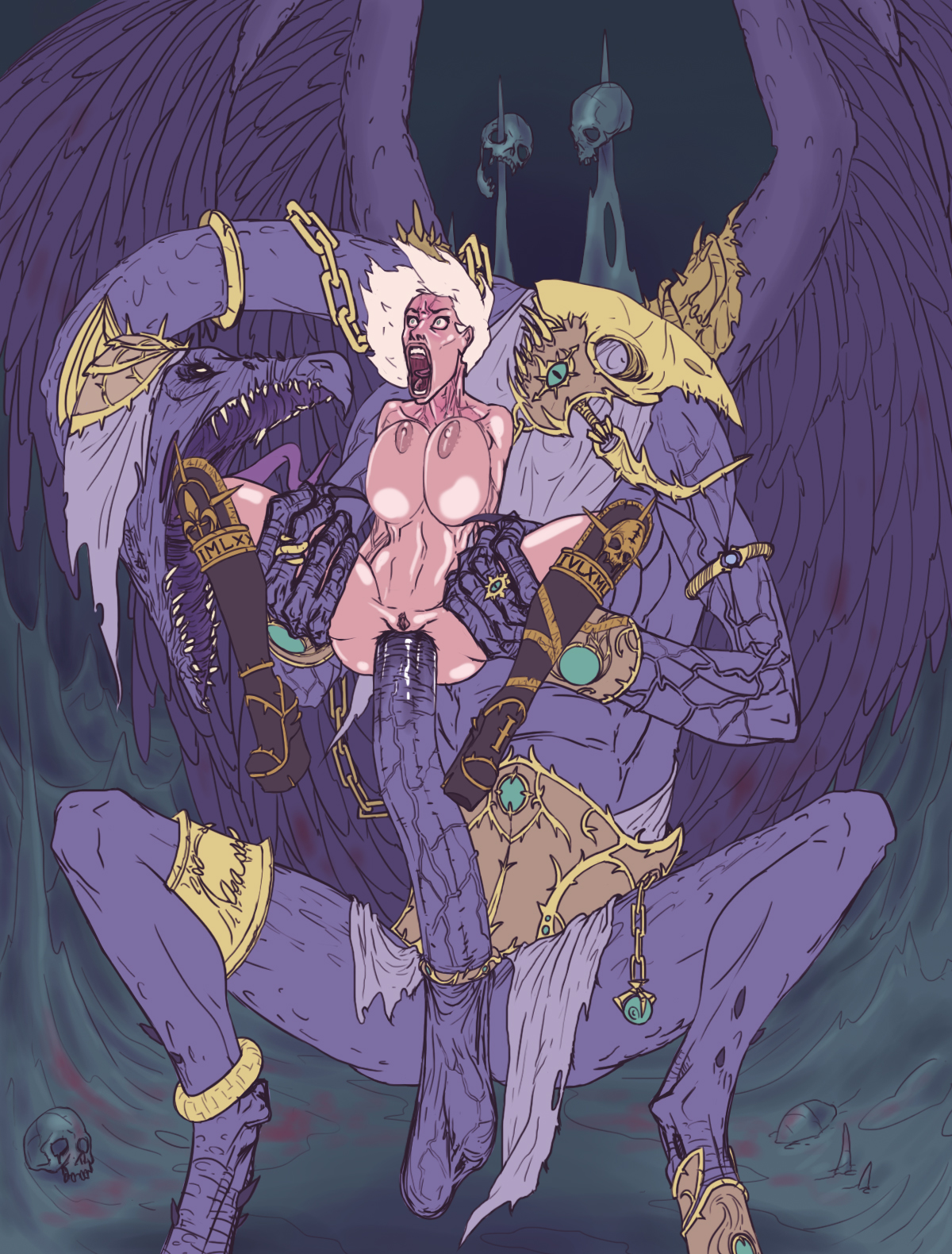 1girls, adepta sororitas, anal, big breasts, breasts, chaos (warhammer), chaos daemon, female, hair, huge cock, imperium of man, large insertion, large penis, lord of change, male, mnogobatko, open mouth, penis, rape, screaming, sister of battle, straight, tzeentch, warhammer (franchise), warhammer 40k, wings