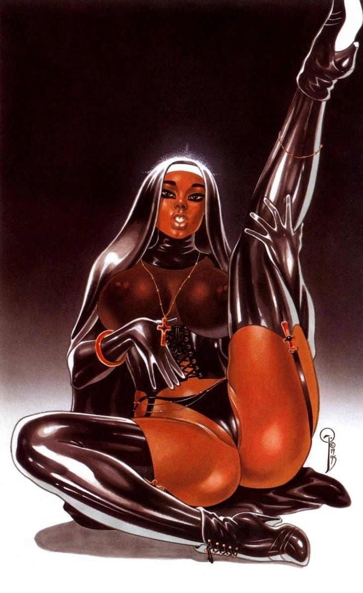 1girls anklet areolae ass big_ass big_breasts bracelet breasts cameltoe corset cross crucifix dark-skinned_female dark_skin elbow_gloves eyeliner female female_only garter_straps high_heel_boots high_heels human human_only kevin_j_taylor latex_gloves latex_nun latex_stockings nipples nun nun's_habit panties rosary slutty_nun solo voluptuous