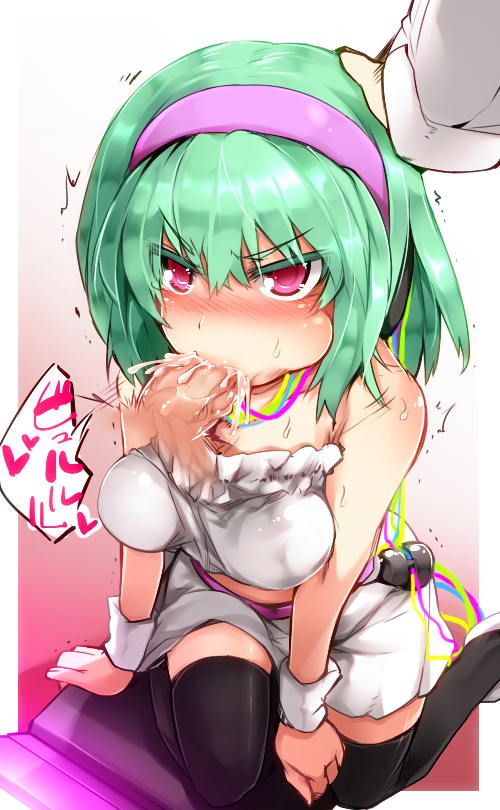 405nm beatmania beatmania_iidx black_legwear blush breasts cable cheek_bulge commentary_request cum cum_in_mouth disembodied_penis fellatio female green_hair hairband hand_on_another's_head irrumatio jewelry kazetto midriff necklace oral overflow penis pink_eyes pov short_hair skirt solo strapless thighhighs tubetop white_skirt wristband zettai_ryouiki