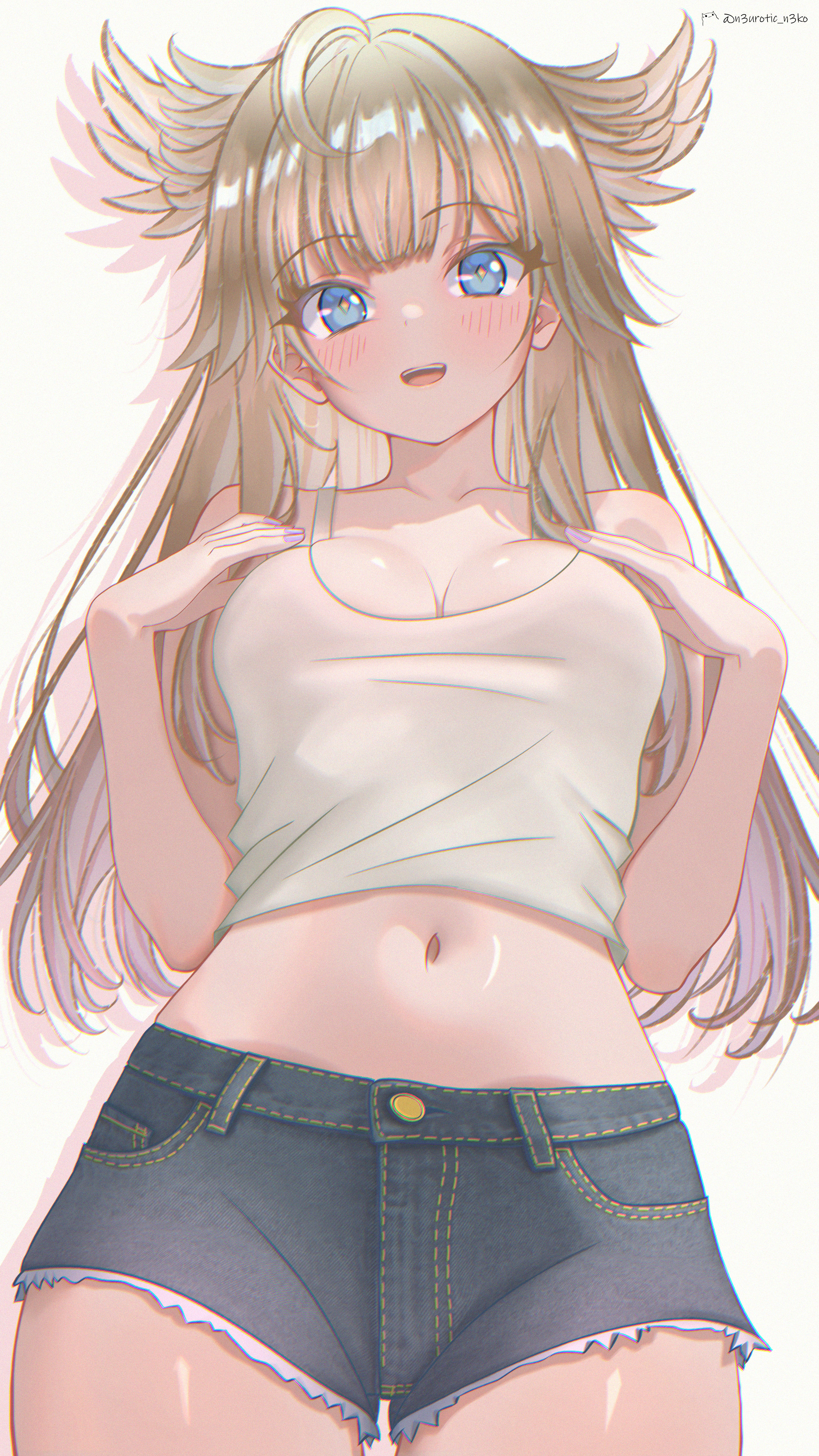 1girl, 1girls, arknights, arknights: endfield, bangs, blonde hair, blue eyes, blush, breasts, cleavage, denim, denim shorts, female, head wings, long hair, looking at viewer, medium breasts, midriff, navel, neurotic neko, open mouth, perlica (arknights: endfield), short shorts, shorts, simple background, smile, solo, solo female, tank top, white background