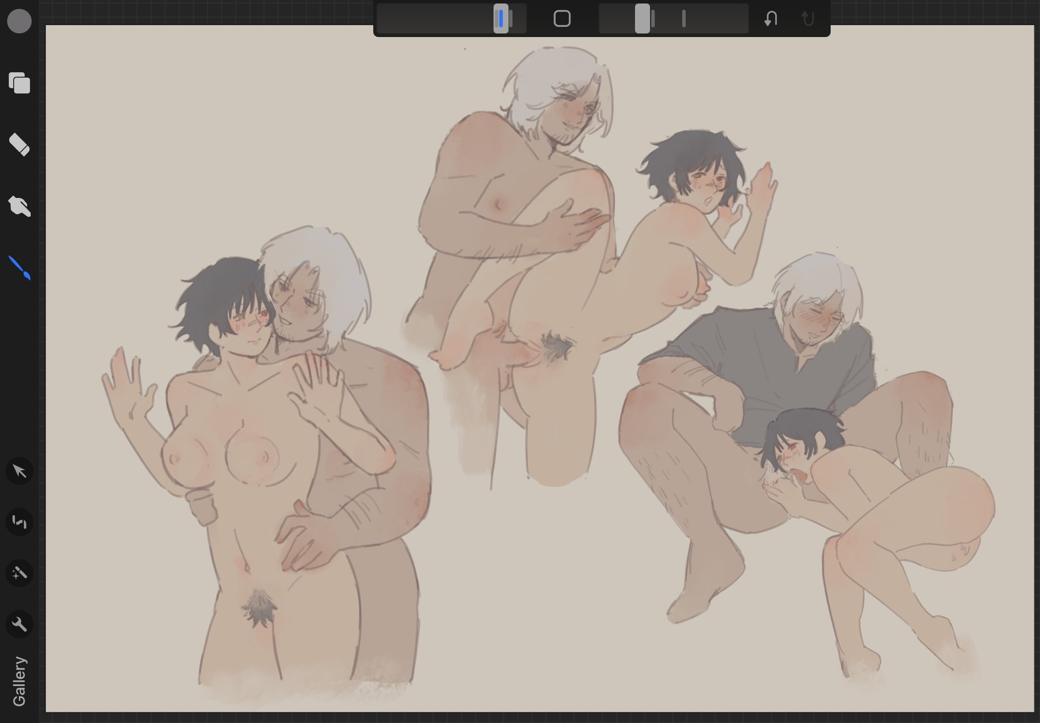1boy, 1girls, 2d, balls, black hair, black pubic hair, blowjob, bottomless, bottomless male, bushy pubes, completely nude, completely nude female, completely nude male, dante (devil may cry), devil may cry, devil may cry (series), devil may cry 5, fellatio, female, from behind, from behind position, grabbing, grabbing breasts, grabbing from behind, green eyes, hairy pussy, heterochromia, kourrr, lady (devil may cry), male, male and female focus, moaning, moaning in pleasure, multiple poses, nipples, nude, nude female, nude male, oral, oral sex, penis, penis in pussy, pubes, pubic hair, pussy, red eyes, scar, scar across nose, scar on face, squeezing, squeezing breast, standing, standing on one leg, standing sex, straight, wet, wet pussy, white hair, wolf cut