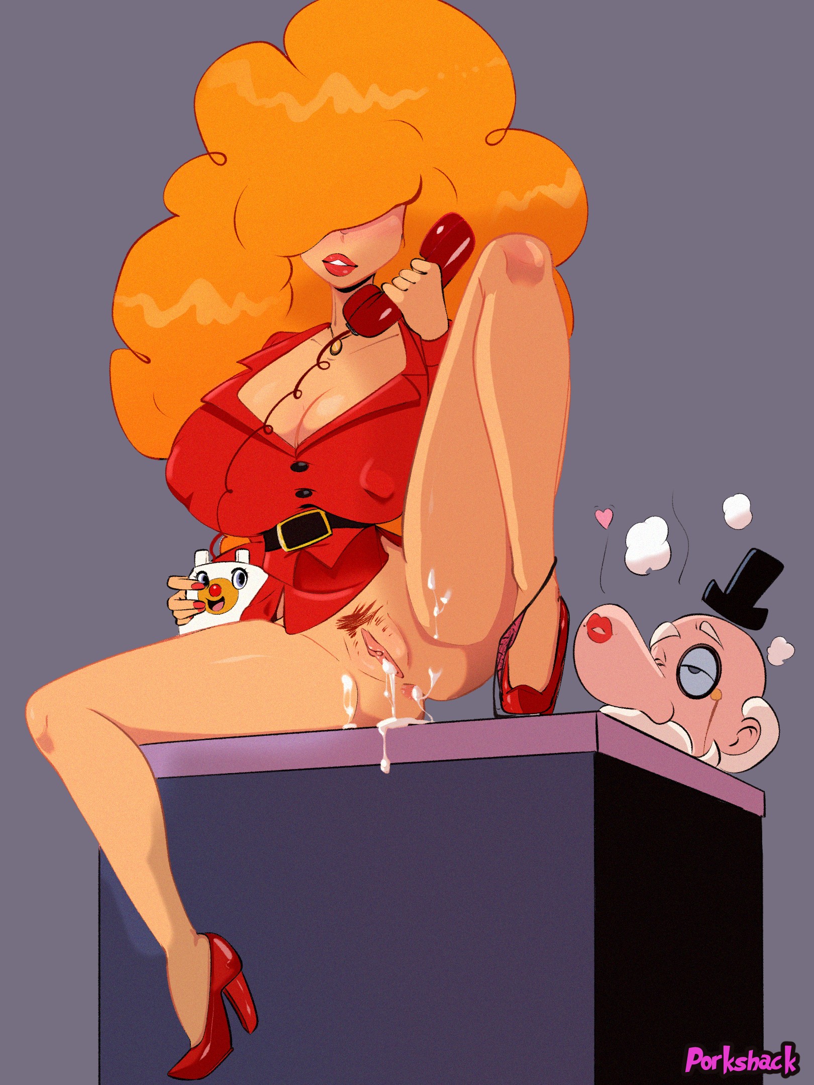 1boy, 1boy1girl, 1girls, 2d, 2d artwork, after creampie, after sex, anus, artist name, blank background, bottomless female, cum, cum in pussy, female pubic hair, hair covering eyes, hair over eyes, hat, high heels, kiss mark, lips, lipstick, lipstick mark, lipstick mark on face, mayor mayor, nipples visible through clothing, office lady, office uniform, orange hair, orange hair female, orange-haired female, porkshack, powerpuff girls, pubic hair, pussy, red kiss mark, red lips, red lipstick, red lipstick mark, sara bellum, smaller male larger female, vagina