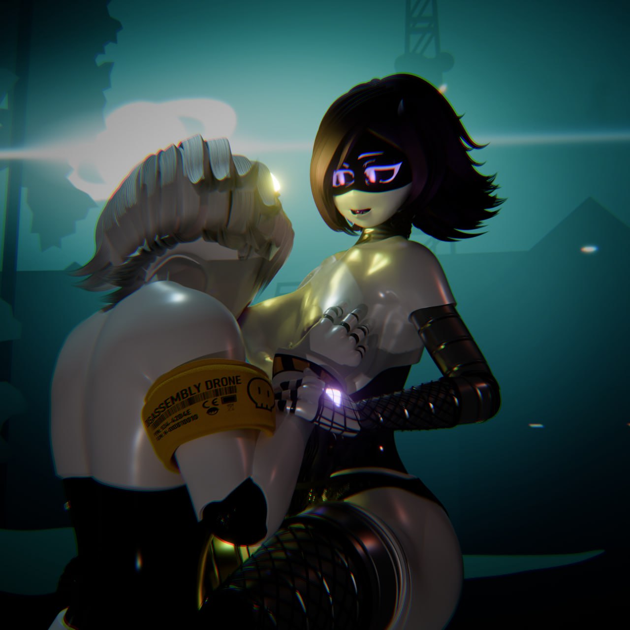 3d, blender, blender cycles, breast grab, breast squeeze, breast sucking, breastfeeding, breastfeeding during sex, fishnet armwear, fishnet gloves, fishnet handwear, fishnet legwear, fishnet stockings, glitch productions, holding breast, holding hand, looking at partner, murder drones, n (murder drones), nipples, purple hair, purple nipples, samzan (modeler), silver hair, sitting, sitting on penis, sitting on person, smutbase, straight, sucking nipples, tivba, uzi (murder drones), violet hair, white hair