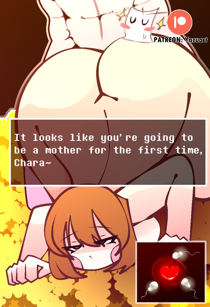 asgore dreemurr, brown hair, chara, cum in pussy, doggy style, female chara, from behind, from behind position, impregnation, large ass, large breasts, red eyes, sex, tag your shit, text, undertale, undertale (series), vaginal penetration, yazu (artist)