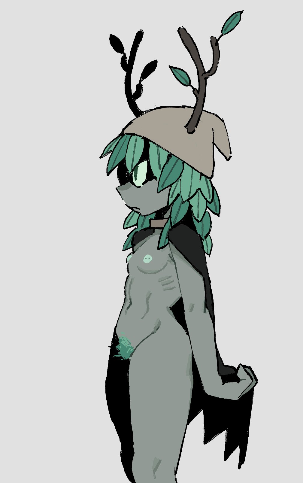 1girls, adventure time, adventure time: fionna & cake, fishhh, green areola, green body, green eyes, green hair, grey body, grey skin, huntress wizard, leaf hair, plain background, pubic hair, small breasts, solo, tagme