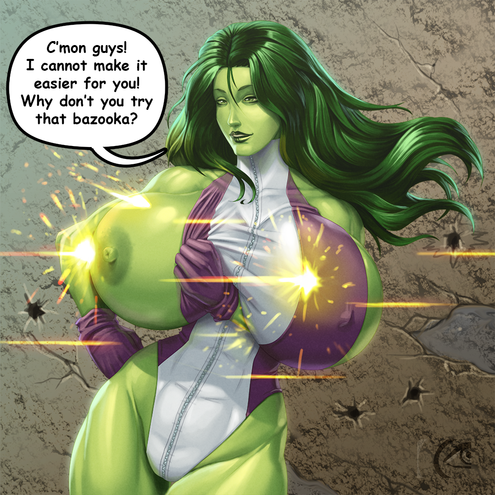 1girls areolae big_breasts breast_slip breasts bullet_proof female female_only gigantic_breasts gloves green_eyes green_hair green_skin leotard mangrowing marvel nipples she-hulk solo