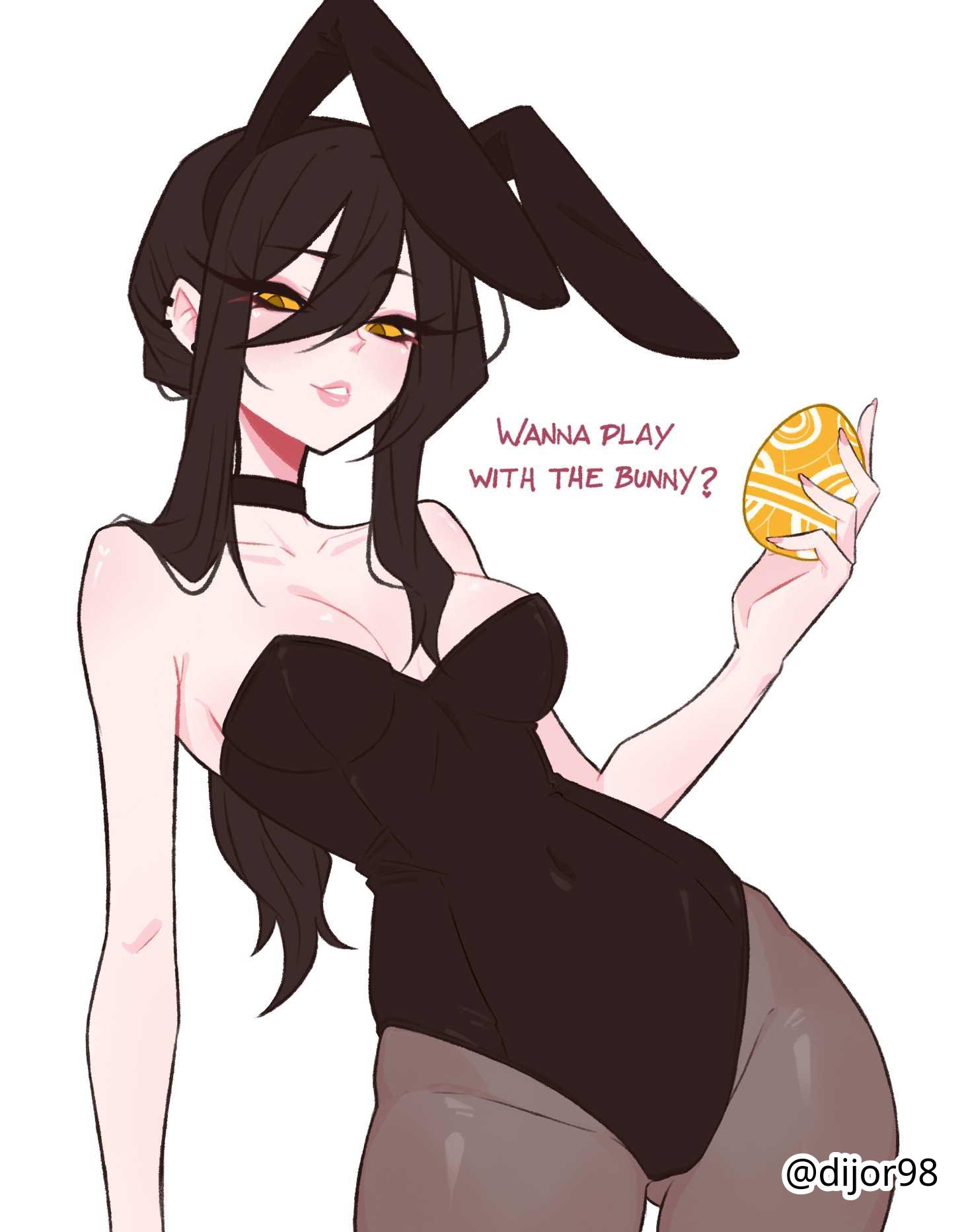 1girls, 2d, 2d (artwork), 2d artwork, ass visible through thighs, belly button, big breasts, black bunny ears, black bunnysuit, black choker, black hair, black hairband, black leotard, black topwear, black-haired female, breasts, brown legwear, brown pantyhose, bunny ears, bunnygirl, bunnygirl outfit, bunnysuit, busty, busty female, busty girl, busty teen, choker, collarbone, curvaceous, curvaceous body, curvaceous female, curvaceous figure, curvaceous hips, curvy, curvy body, curvy female, curvy figure, curvy hips, dialogue, digital, digital art, digital drawing, digital drawing (artwork), digital media, digital media (artwork), dijor98, drawing, ear piercing, ear piercings, egg, english, english dialogue, english text, eyebrows visible through hair, female, female focus, female only, fingernails, fingers, groin, hair between eyes, head tilt, high resolution, highres, hip dips, hourglass figure, inframammary fold, inguinal crease, inguinal ligament, large boobs, large breasts, lean figure, leaning, leaning to the side, legwear, leotard, long hair, looking at viewer, looking down, looking down at viewer, narrow waist, navel, oc, original, original art, original artwork, original character, pantyhose, parted lips, pierced ear, pierced ears, posing, posing for the viewer, shoulders, simple background, slender body, slender waist, slim female, slim waist, smile, smiley face, smiling, smiling at viewer, solo, standing, text, thick thighs, thigh gap, thighs, tilted head, topwear, tyra (dijor98), upper body, white background, wide hips, yellow eyes, yellow-eyed female