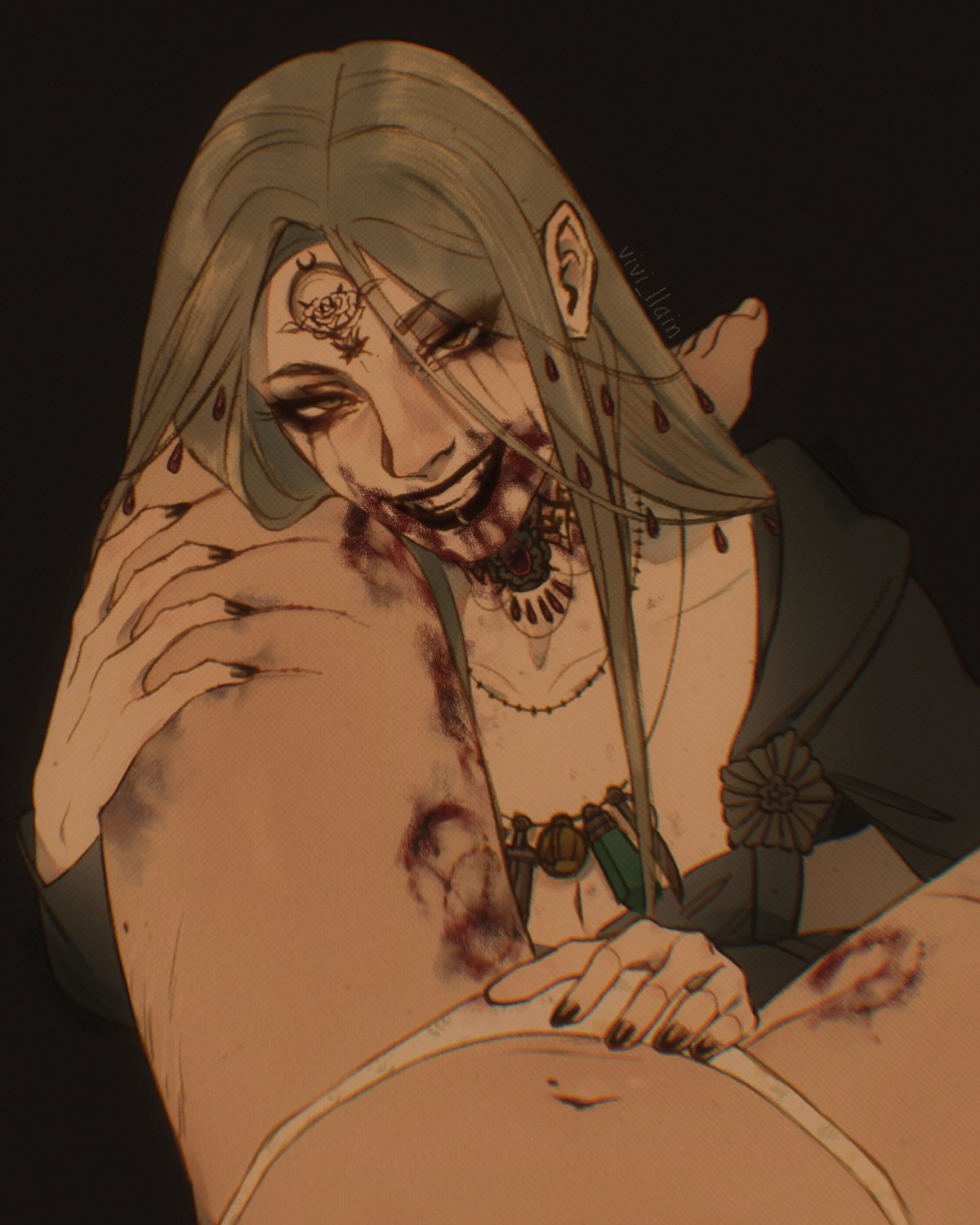 2girls, artist name, bela (resident evil), bela dimitrescu, bite mark, black dress, black lipstick, black nails, blonde hair, blood, blood on face, cleavage, collarbone, eyeshadow, goth, grabbing, hair ornament, hand on thigh, hi res, highres, leg on shoulder, legs, legs up, lip piercing, lipstick, lipstick mark, long hair, looking at viewer, nail polish, navel, necklace, neckwear, pale skin, panties, piercing, resident evil, resident evil 8: village, scratches, smile, smiling at viewer, thick thighs, thigh gap, thighs, vivi llain, yellow eyes, yuri