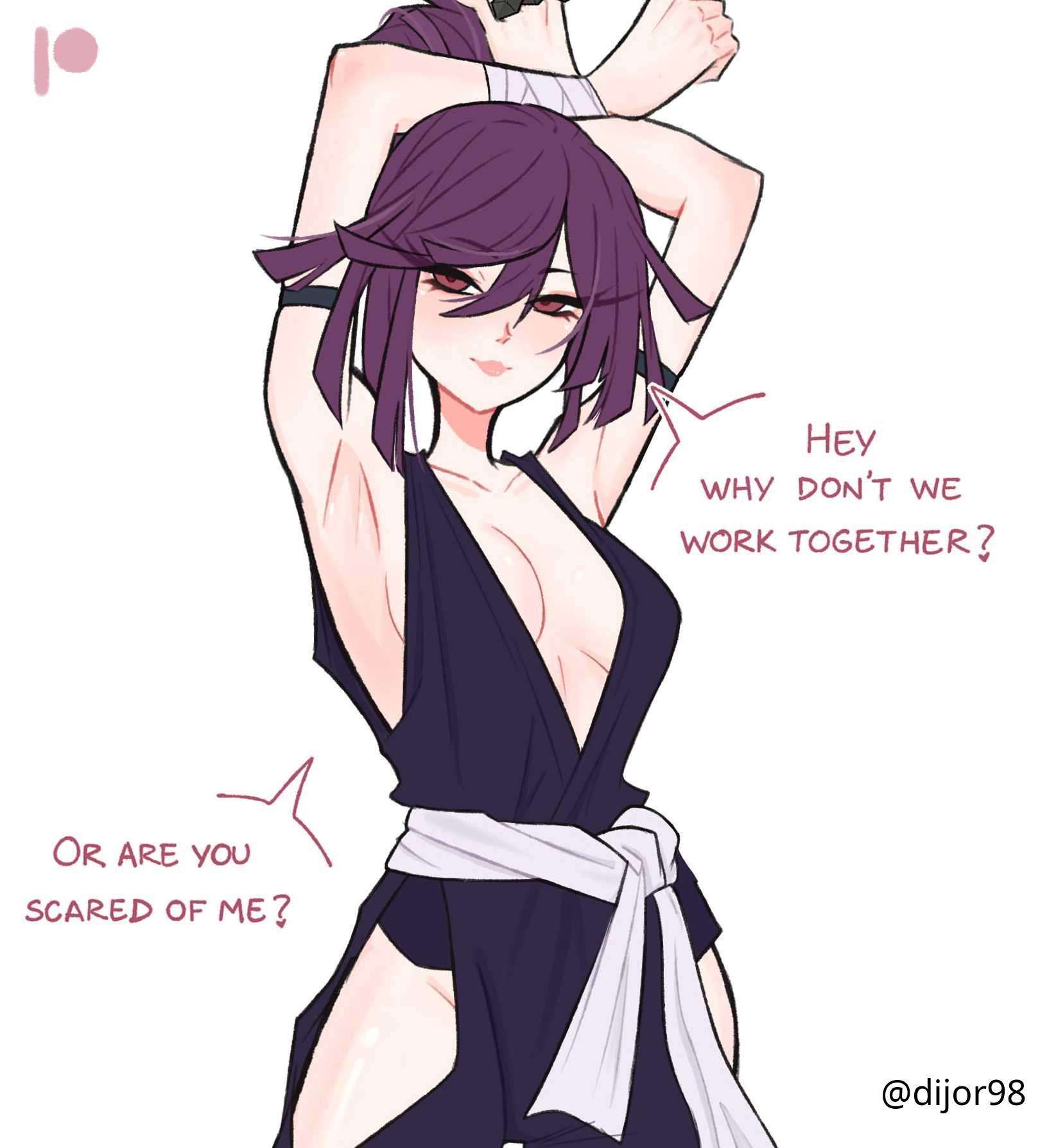 1girls, 2026, 2d, 2d (artwork), 2d artwork, adult, adult female, alternate version at patreon, arm above head, arm up, armpit, armpit crease, armpit peek, armpits, arms above head, arms up, bare armpits, bare arms, bare chest, bare hands, bare hips, bare shoulders, bare skin, belly, big breasts, breasts, brown eyes, brown-eyed female, busty, busty female, busty girl, busty teen, cleavage, closed mouth smile, collarbone, curvaceous, curvaceous body, curvaceous female, curvaceous figure, curvaceous hips, curvy, curvy body, curvy female, curvy figure, curvy hips, dialogue, dialogue bubble, dialogue bubbles, dialogue speech bubble, digital, digital art, digital drawing, digital drawing (artwork), digital media, digital media (artwork), dijor98, drawing, elbows, english, english dialogue, english text, exposed armpits, exposed arms, exposed chest, exposed hips, exposed shoulders, exposed skin, eyebrows visible through hair, female, female focus, female only, fingers, groin, hair between eyes, hairless armpits, hand above head, hand up, hands above head, hands up, head tilt, high resolution, highres, hourglass figure, inframammary fold, inguinal crease, inguinal ligament, jigokuraku, kunoichi, large boobs, large breasts, lean figure, light smile, linea alba, long hair, looking at viewer, mature, mature female, midriff, narrow waist, ninja, ponytail, posing, posing for the viewer, presenting armpit, purple hair, purple-haired female, questionable, shaved armpits, shoulders, simple background, slender body, slender waist, slim female, slim waist, smile, smiley face, smiling, smiling at viewer, solo, solo female, solo focus, speaking, speaking to viewer, standing, stomach, talking, talking to viewer, text, text bubble, thighs, tilted head, upper body, white background, wide hips, yuzuriha (jigokuraku)