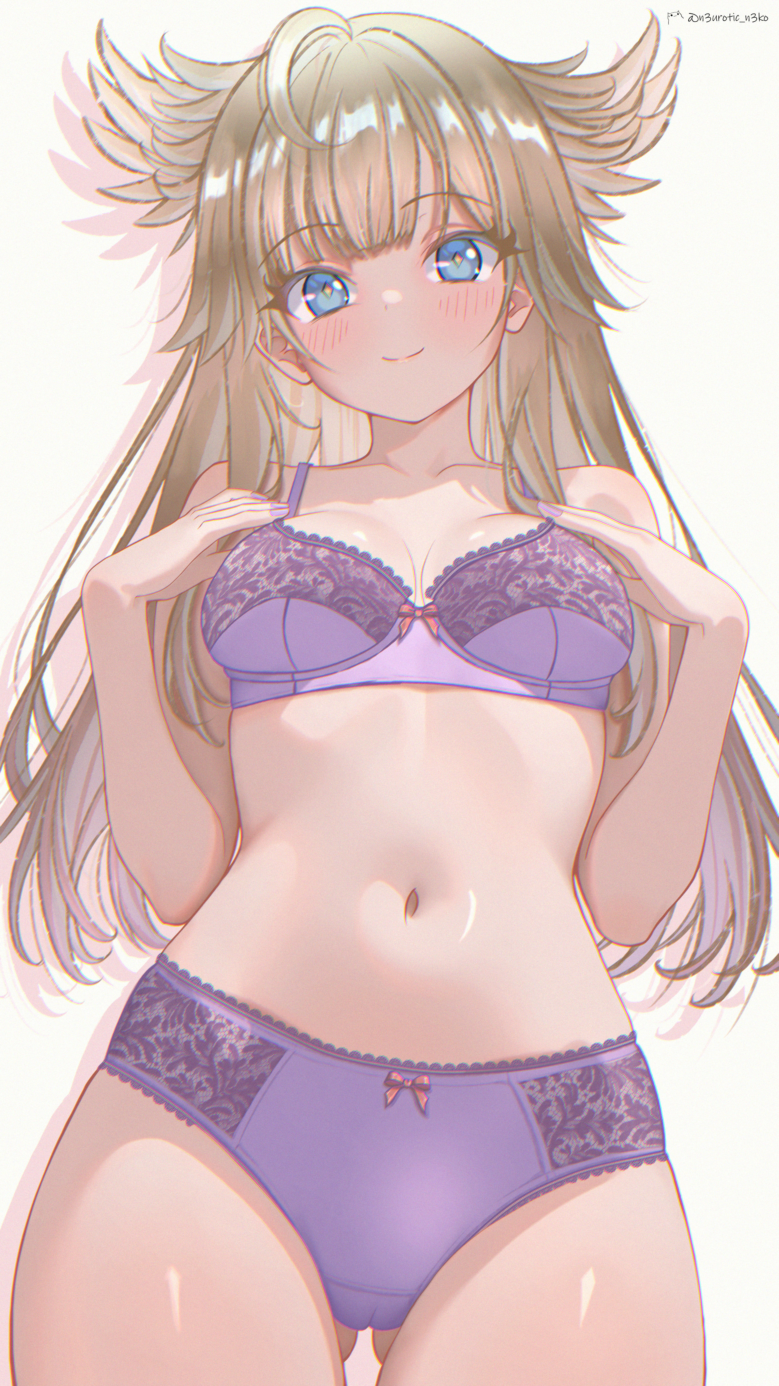 1girl, 1girls, arknights, arknights: endfield, ass visible through thighs, bangs, blonde hair, blue eyes, blush, bra, breasts, female, head wings, long hair, looking at viewer, medium breasts, navel, neurotic neko, panties, perlica (arknights: endfield), purple bra, purple panties, simple background, smile, solo, solo female, underwear, underwear only, white background