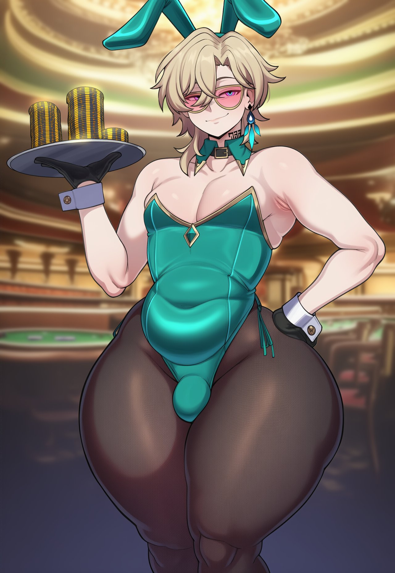 1boy, 1femboy, 2d, ai generated, animal ears, ass, aventurine (honkai: star rail), bare shoulders, big ass, big butt, big thighs, black gloves, black pantyhose, blonde hair, blurry background, blush, bulge, bulge through clothing, bulge under clothes, casino, cock, covered navel, detached collar, earrings, fake animal ears, femboy, gigigens, glasses, gloves, green leotard, hair between eyes, hand on own hip, holding, holding tray, honkai: star rail, huge thighs, indoors, jewelry, large ass, large butt, large thighs, leotard, looking at viewer, male, male focus, male playboy bunny, otoko no ko, pantyhose, pectoral cleavage, pectorals, penis, penis bulge, playboy bunny, poker chip, rabbit ears, smile, solo, strapless, strapless leotard, thick ass, thick butt, thick thighs, thighs, tinted eyewear, tray, wide hips, wrist cuffs