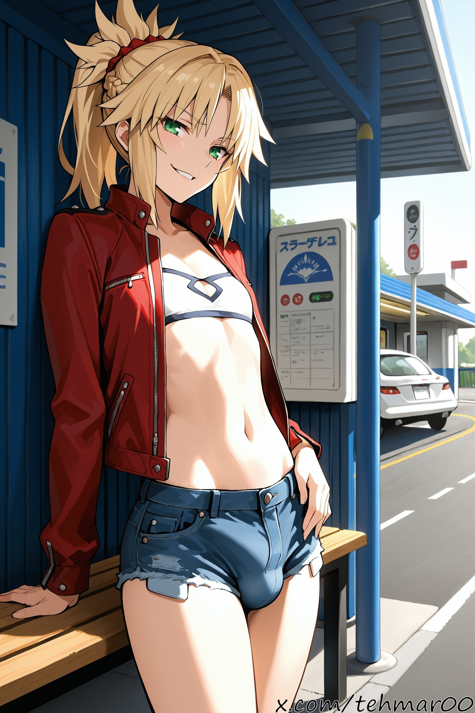1boy, ai generated, bandeau, bangs, blonde hair, blue shorts, bulge, cutoffs, denim shorts, fate (series), fate/apocrypha, femboy, genderswap (ftm), green eyes, hair ornament, hair scrunchie, jacket, long sleeves, looking at viewer, male, mordred (fate), navel, open clothes, open jacket, parted bangs, ponytail, red jacket, red scrunchie, rule 63, scrunchie, short shorts, shorts, sidelocks, smile, solo, tagme, tehmar, thighs, trans woman, transfem, trap, vehicle