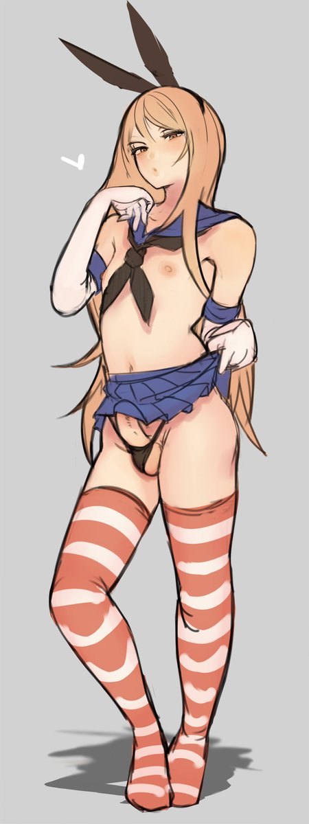 1boy 2n5 blonde_hair crossdressing elbow_gloves erection feet gloves grey_background kantai_collection long_hair male male_only miniskirt navel penis ribbon rule_63 sailor_collar shimakaze_(kantai_collection) simple_background solo stockings striped striped_legwear testicles thighhighs thighighs trap uncensored