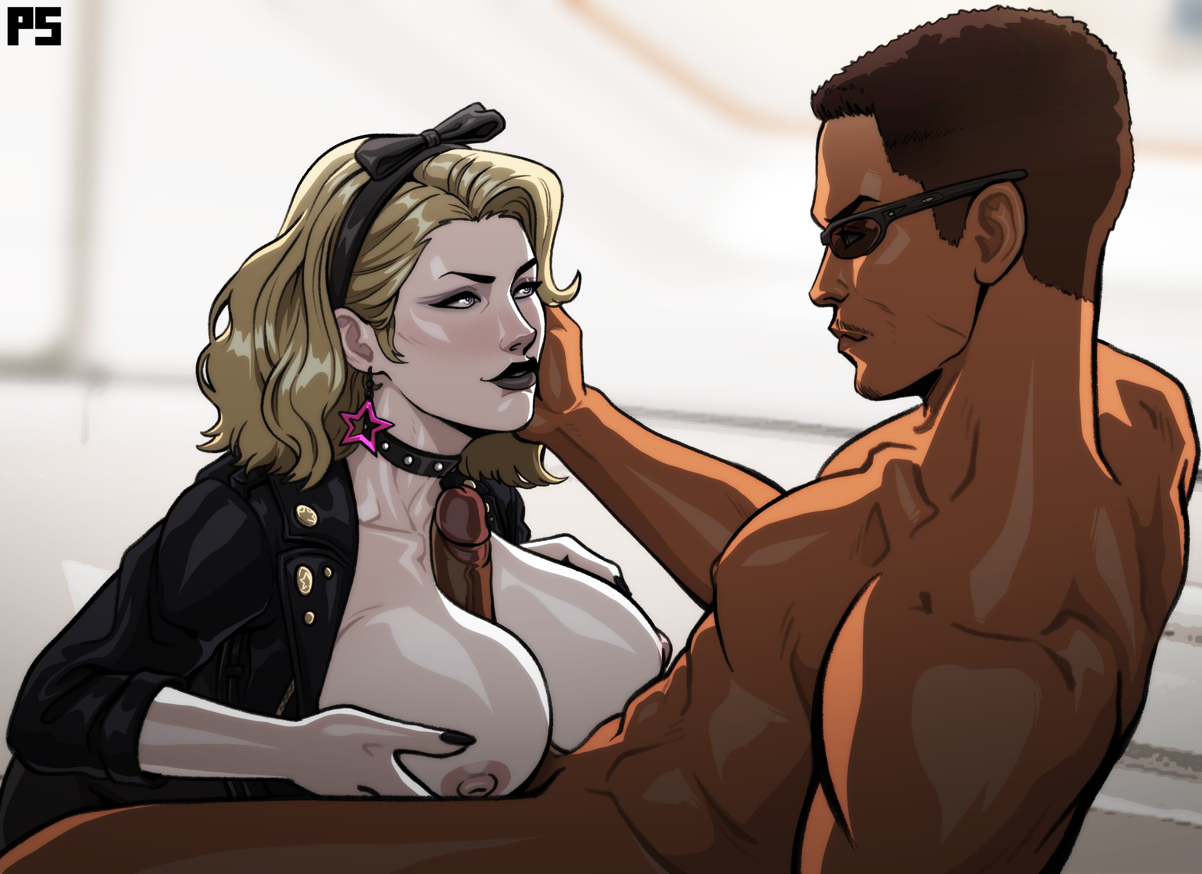1boy, 1girls, absurd res, areolae, big breasts, black lipstick, black nail polish, blonde hair, breasts, brown hair, choker, clothed female nude male, commission, dark skin, dark-skinned male, earrings, eye contact, female, full lips, hand on cheek, ines (the first descendant), interracial, keelan ayodele, large breasts, light skin, light-skinned female, long hair, male, mature female, mature male, nipples, nude, nude male, paizuri, pale-skinned female, penis, pumpkinsinclair, smile, sunglasses, the first descendant, titjob, variant set