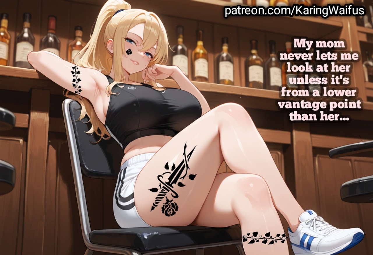 ai generated, blonde hair, caption, cuckold, dominant female, humiliation, karingwaifus, milf, mommy, mother, motherly cuckold, qos, qos tattoo, smaller male, sports bra, submissive male