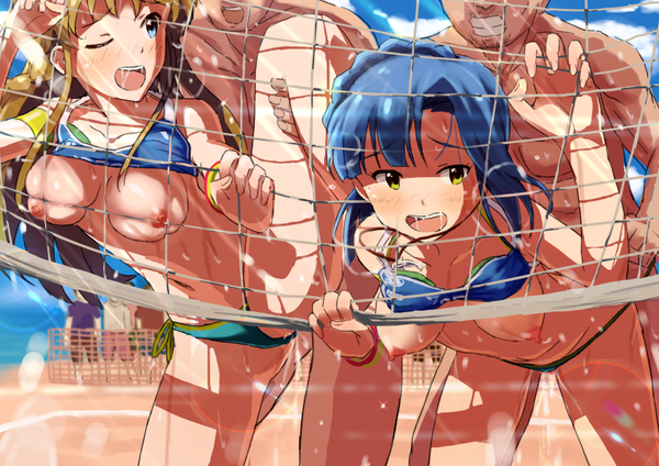 2boys 2girls beach bent_over bikini bikini_lift blue_hair blush breasts brown_hair clenched_teeth doggy_style exhibitionism group_sex hair hanging_breasts hayamaso idolmaster idolmaster_million_live! kousaka_umi long_hair multiple_boys multiple_girls nanao_yuriko one_eye_closed open_mouth sex short_hair side-tie_bikini swimsuit teeth volleyball_net yellow_eyes