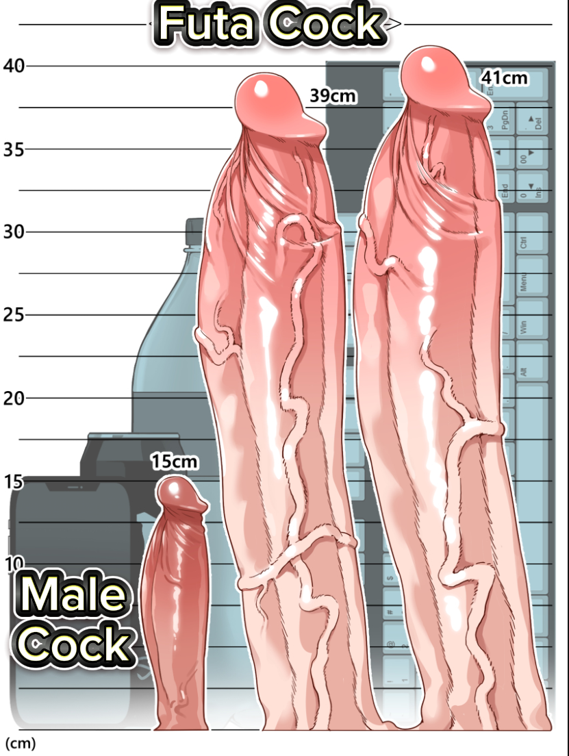 1boy, 1futa, absurdres, diphallia, diphallism, erection, extra penises, futanari, gomu (ujmu5458), highres, huge cock, measurements, penis, penis chart, penis comparison, penis size chart, penis size difference, size chart, text, translated, uncensored