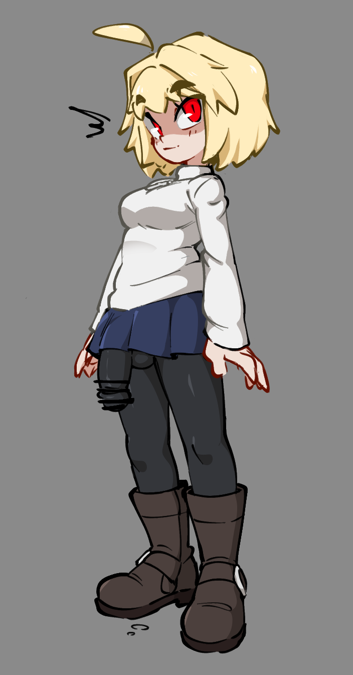 1futa, arcueid brunestud, black pantyhose, blonde hair, blue skirt, blush, breasts, brown boot, bulge under clothes, censored, cock under clothes, commentary, dickgirl, flaccid, futanari, highres, ineffective clothing, intersex, jellot, looking at viewer, m, melty blood arcueid figure (meme), miniskirt, oerba yun fang, pantyhose, penis, precum, red eyes, shoes, short hair, skirt, smile, solo, standing, sweater, thick eyebrows, tsukihime, tsukihime (remake), turtleneck, turtleneck sweater, white sweater