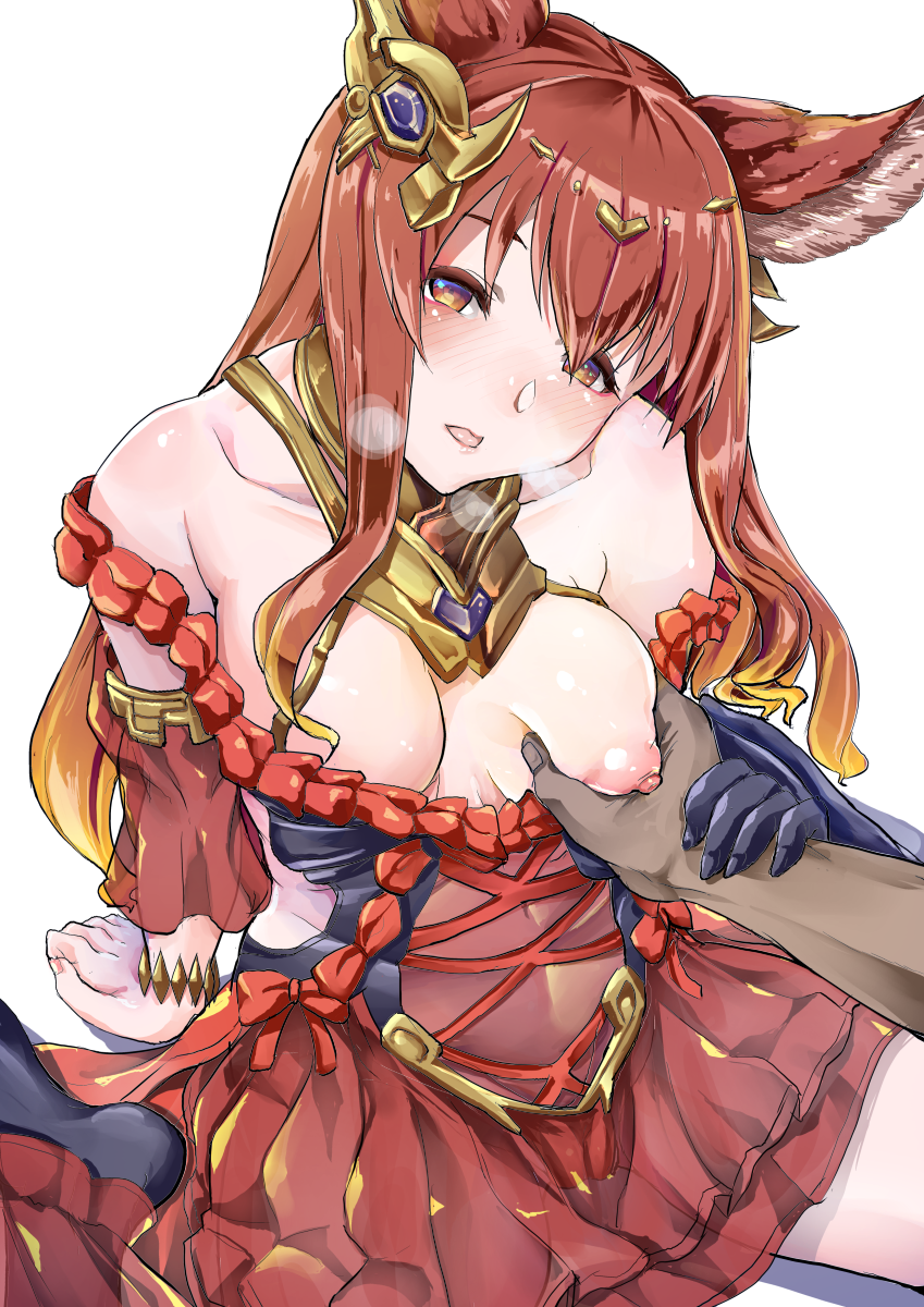 animal_ears anthuria aoiro_ichigou bare_shoulders breast_grab breath dress grabbing granblue_fantasy hair_ornament highres long_hair looking_at_viewer nipples one_breast_out open_mouth orange_hair red_dress red_eyes red_hair solo straight