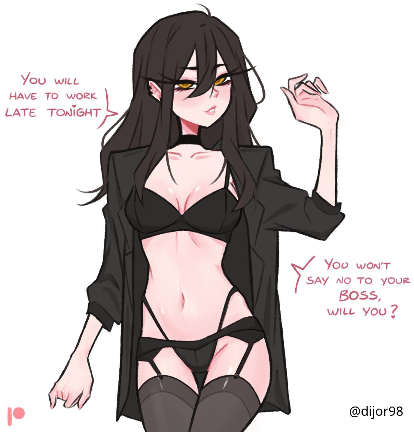1girls, 2d, 2d (artwork), 2d artwork, areolae, belly, belly button, black bra, black choker, black garter straps, black hair, black legwear, black panties, black stockings, black thigh highs, black thighhighs, black underwear, black-haired female, bra, breasts, choker, cleavage, collarbone, dialogue, dialogue bubble, dialogue bubbles, dialogue speech bubble, digital, digital art, digital drawing, digital drawing (artwork), digital media, digital media (artwork), dijor98, drawing, ear piercing, ear piercings, english, english dialogue, english text, eyebrows visible through hair, female, female focus, female only, female torso, fingernails, fingers, garter straps, groin, hair between eyes, half naked, half nude, high resolution, highres, hip dips, inframammary fold, inguinal crease, inguinal ligament, lean figure, legs closed, legs together, legwear, linea alba, long hair, looking at viewer, medium breasts, midriff, naked, naked female, naked shirt, naked woman, narrow waist, navel, nipples, nude, nude female, nudity, oc, open clothes, open clothing, open shirt, open topwear, original, original art, original artwork, original character, panties, pierced ear, pierced ears, posing, posing for the viewer, posing naked, posing nude, seductive, seductive expression, seductive eyes, seductive face, seductive female, seductive gaze, seductive look, seductive looks, seductive pose, seductive posing, seductive stare, seductive woman, semi nude, shirt, shoulders, simple background, slender body, slender waist, slim female, slim waist, solo, speaking, speaking to viewer, standing, stockings, stomach, talking, talking to viewer, text, text bubble, thigh gap, thigh highs, thighhighs, thighs, thighs together, tyra (dijor98), unbuttoned, unbuttoned shirt, underwear, upper body, white background, wide hips, yellow eyes, yellow-eyed female