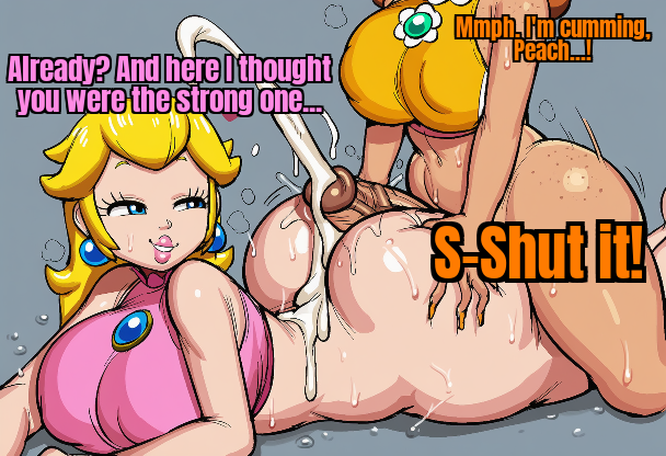 1futa, 1girls, ai generated, ass, ass grab, big ass, blonde hair, blue eyes, brown glans, brown hair, brown penis, buttjob, clothing, cum, cumshot, dialogue, doggy style, duo, earrings, edit, ejaculation, faceless futa, futa on female, futa/female, futanari, genitals, grabbing ass, grey impact (style), holding ass, human, human female, human futa, human on human, human only, intersex, large ass, light skin, light-skinned female, long hair, looking back, lying on stomach, mammal, mario (series), mature, mature female, mature futa, nintendo, orange nails, painted nails, pendant, penis, penis in ass, pink lipstick, princess, princess daisy, princess peach, royalty, sex, shoulder length hair, smile, tan skin, tan-skinned futa, tank top, tanned futa, tanned skin, text, twitching penis, veiny penis, white skin