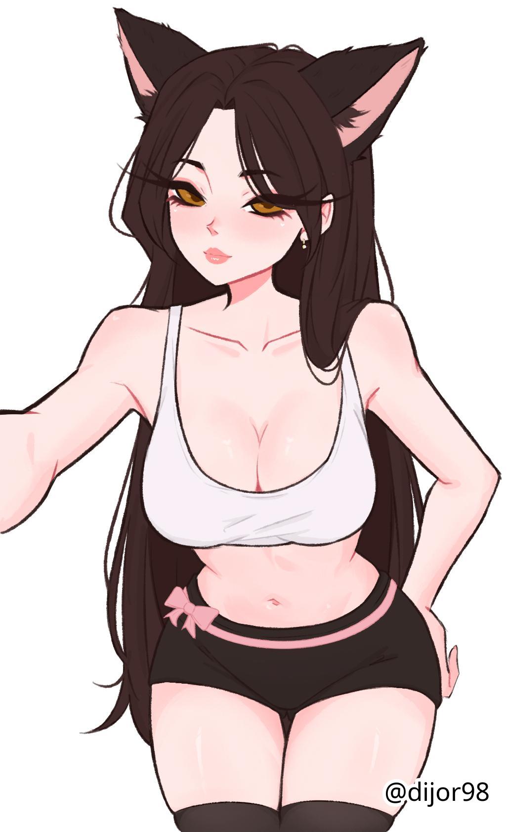 1girls, 2d, 2d (artwork), 2d artwork, adult, adult female, animal ear fluff, animal ears, bare arms, bare belly, bare hands, bare midriff, bare navel, bare shoulders, bare skin, bare thighs, belly, belly button, big breasts, black legwear, black shorts, black stockings, black thigh highs, black thighhighs, breasts, brown eyes, brown hair, brown-eyed female, brown-haired female, busty, busty female, busty girl, busty teen, cleavage, collarbone, commission, commission art, curvaceous, curvaceous body, curvaceous female, curvaceous figure, curvaceous hips, curvy, curvy body, curvy female, curvy figure, curvy hips, digital, digital art, digital drawing, digital drawing (artwork), digital media, digital media (artwork), dijor98, drawing, earrings, elbows, exposed arms, exposed belly, exposed midriff, exposed navel, exposed shoulders, exposed skin, exposed thighs, female, female focus, female only, female torso, fingers, groin, high resolution, highres, hourglass figure, large boobs, large breasts, lean figure, leaning, leaning forward, legs, legwear, lips, long hair, looking at viewer, mature, mature female, midriff, narrow waist, navel, oc, original, original art, original artwork, original character, parted bangs, shorts, shoulders, simple background, sitting, slender body, slender waist, slim female, slim waist, solo, stockings, tank top, thick thighs, thigh highs, thighhighs, thighs, topwear, very long hair, very long hair female, white background, white tank top, white topwear, wide hips