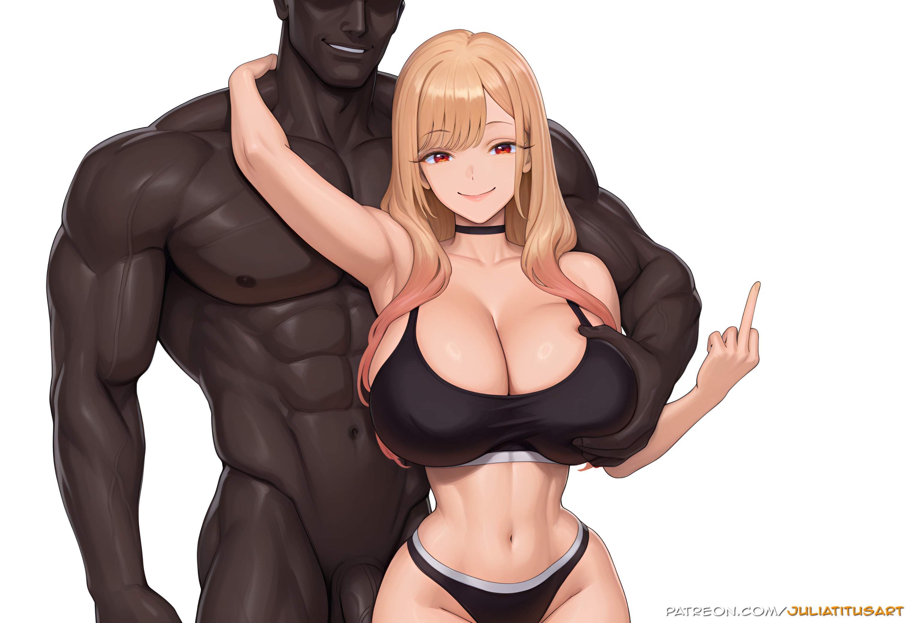 1boy, abs, ai generated, arm up, armpits, artist name, bangs, bare shoulders, black bra, black choker, black panties, blonde hair, bra, breast grab, breasts, bulge, choker, cleavage, closed mouth, clothed female nude male, collarbone, dark skin, dark-skinned male, ear piercing, erection, faceless, faceless male, female, grabbing, grabbing from behind, gradient hair, grin, groping, gyaru, head out of frame, interracial, juliatitusart, kitagawa marin, large breasts, large penis, long hair, looking at viewer, manly, marin kitagawa, multicolored hair, muscular, muscular male, navel, netorare, nude, panties, penis, piercing, red eyes, simple background, smile, sono bisque doll wa koi wo suru, sports bra, straight, underwear, veins, white background
