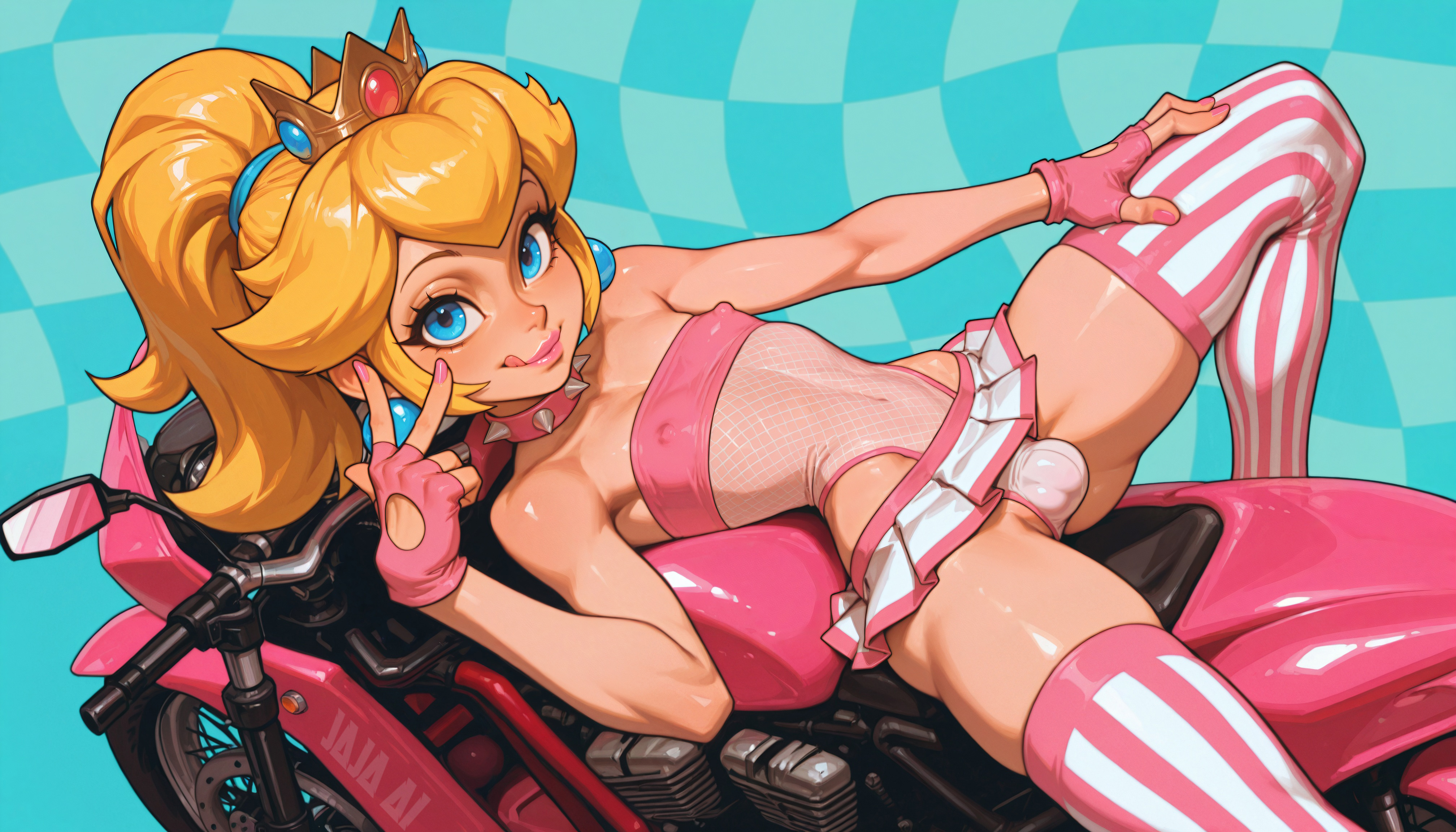 :q, 1boy, 4k, absurd res, ai generated, bandeau, bare shoulders, blonde hair, blue background, blue eyes, breasts, bulge, checkered, checkered background, choker, clothing, collar, covered erect nipples, covered navel, covered nipples, crossdressing, crown, earrings, elbow gloves, erect nipples under clothes, femboy, fingerless gloves, fingernails, footwear, genderswap (ftm), gloves, headwear, hi res, high ponytail, high resolution, highleg, highleg leotard, highres, illustrious (stable diffusion), jaja ai, jewelry, landscape, legwear, leotard, licking lips, lips, lipstick, long hair, looking at viewer, lying, makeup, male, male focus, mario (series), microskirt, miniskirt, motor vehicle, motorcycle, nail polish, navel, nipples, on back, otoko no ko, panties, pantsu, pink gloves, pink lips, pink nails, pleated skirt, ponytail, prince apricot, princess peach, race queen, rule 63, see-through, self upload, simple background, skirt, small penis, smile, solo, sphere earrings, spiked collar, spikes, stable diffusion, strapless, strapless leotard, striped, striped clothes, striped clothing, striped legwear, striped thighhighs, thighhighs, tied hair, tongue, tongue out, trap, uncensored, underwear, v, vehicle, vertical stripes, vertical-striped clothes, vertical-striped legwear, vertical-striped thighhighs, very high resolution, wai-nsfw-illustrious-sdxl, wallpaper