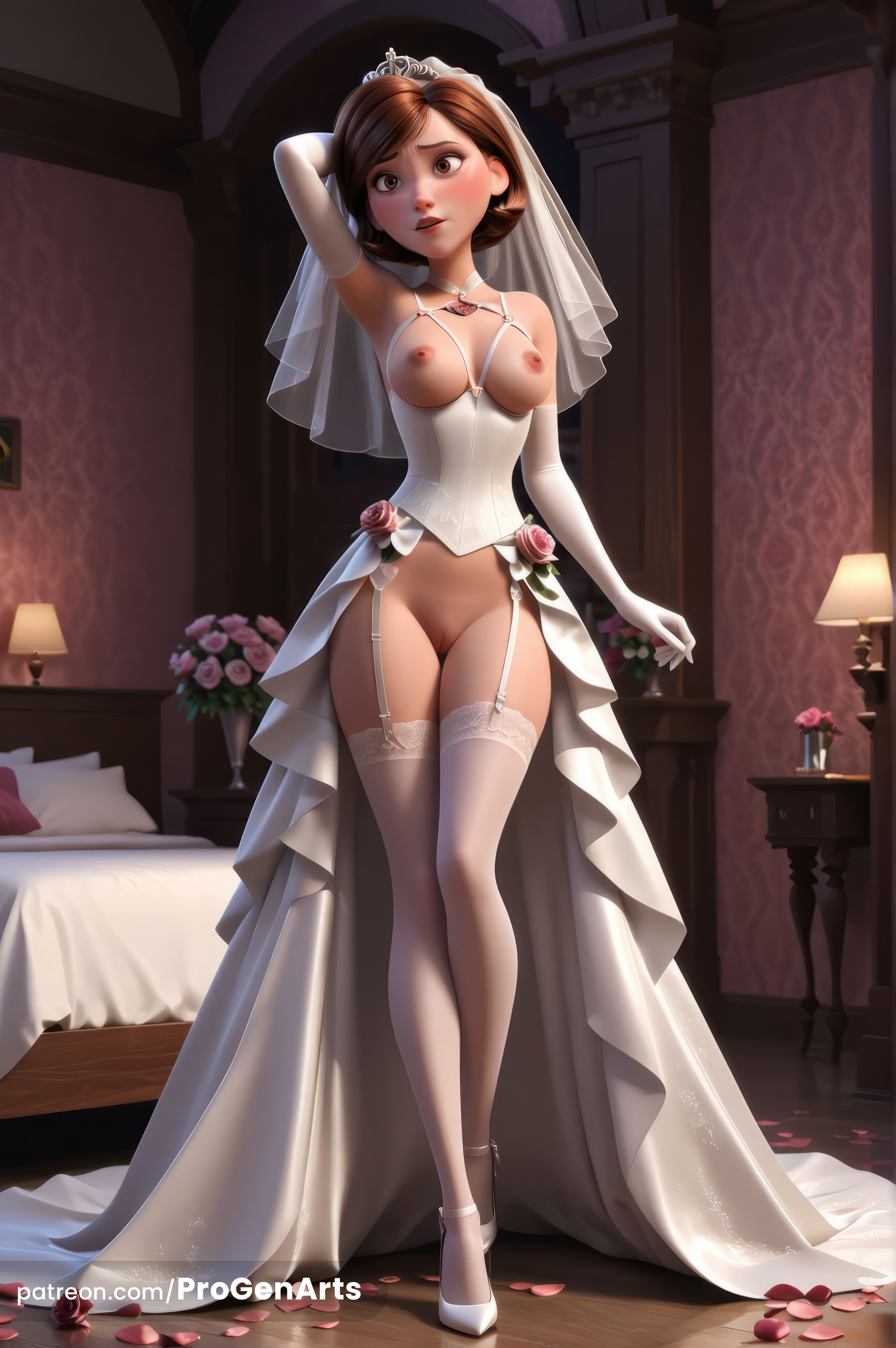 1girls, ai generated, arm behind head, arm up, artist name, bed, blush, breastless clothes, breasts, breasts out, bridal lingerie, bridal veil, bride, brown eyes, brown hair, collarbone, corset, cupless bra, disney, dress, elastigirl, elbow gloves, female, flower, full body, garter straps, gloves, helen parr, hi res, high heels, indoors, jewelry, lingerie, looking at viewer, medium breasts, necklace, nipples, parted lips, petals, pillow, pink flower, pixar, progenarts, pussy, rose petals, short hair, showgirl skirt, solo, standing, superhero, superheroine, the incredibles, the incredibles 2, thigh gap, thighhighs, tiara, uncensored, underwear, veil, wedding dress, white dress, white footwear, white gloves, white thighhighs