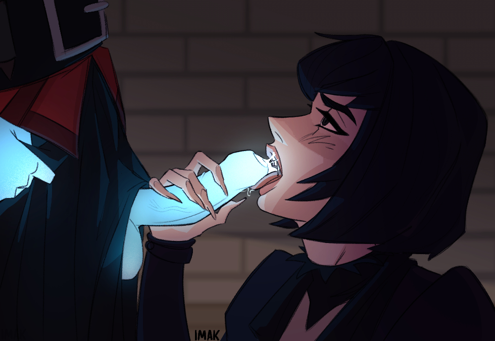 1futa, 2025, 2girls, black clothing, black hair, blowjob, blue body, blue penis, blue skin, bob cut, clothed, cum, cum in mouth, cum inside, deadlock, defnotimak, fellatio, female, futa on female, futanari, ghost, ghost girl, glowing cum, glowing penis, handjob, interspecies, male, mina (deadlock), mina ha, penis, red clothing, short hair, vampire, vampire girl, vindicta (deadlock)