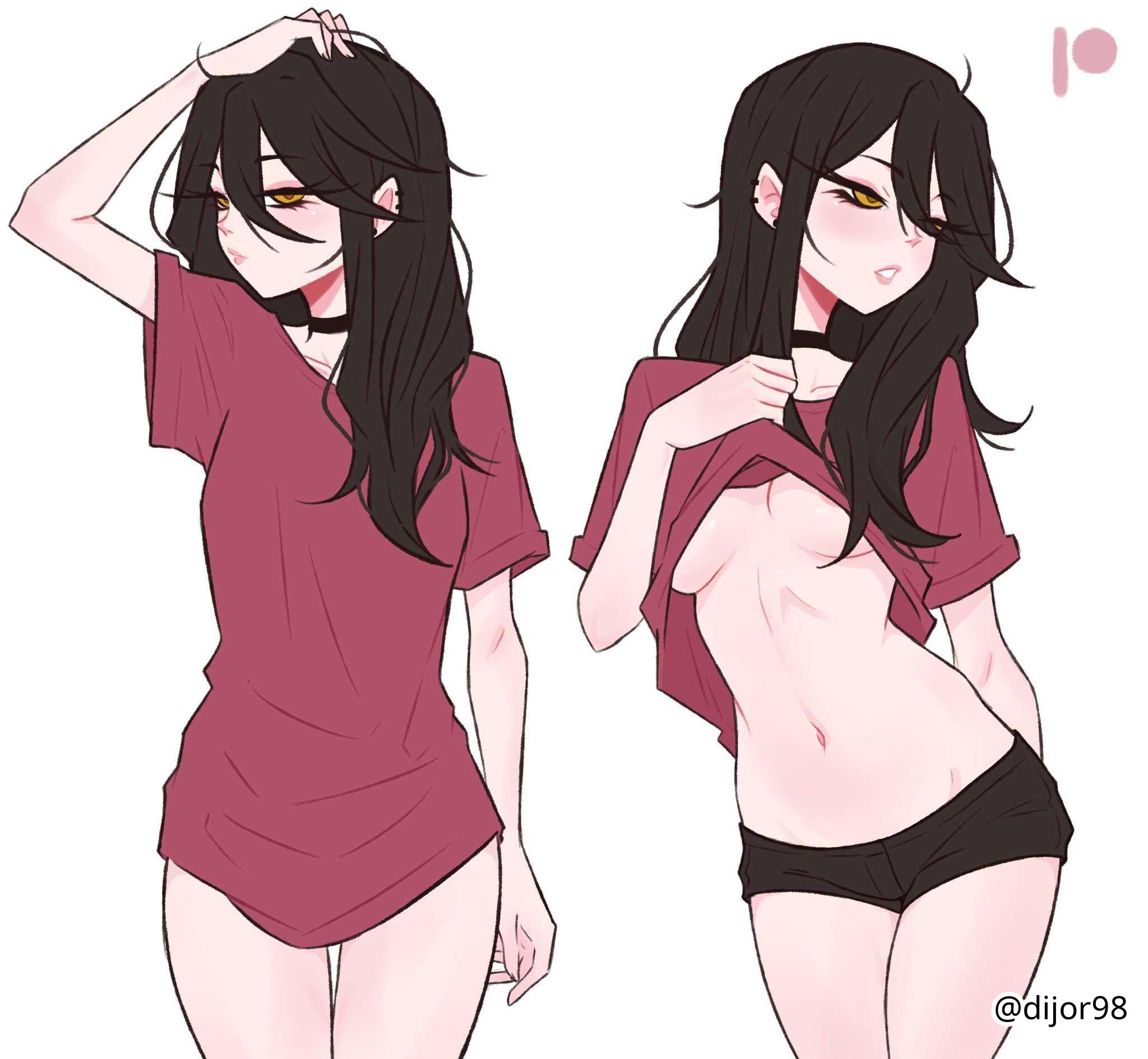 1girls, 2d, 2d (artwork), 2d artwork, areola slip, areolae, areolae slip, arm behind back, bare belly, bare hands, bare legs, bare midriff, bare navel, bare skin, bare thighs, belly, belly button, black choker, black hair, black-haired female, breasts, choker, clothes, clothes aside, collarbone, curvaceous, curvaceous body, curvaceous female, curvaceous figure, curvaceous hips, curvy, curvy body, curvy female, curvy figure, curvy hips, digital, digital art, digital drawing, digital drawing (artwork), digital media, digital media (artwork), dijor98, drawing, ear piercing, ear piercings, elbows, exposed belly, exposed legs, exposed midriff, exposed navel, exposed skin, exposed thighs, female, female focus, female only, female torso, fingernails, fingers, groin, hair between eyes, half naked, half nude, hand behind back, hand on hair, hand on head, hand on own hair, hand on own head, head tilt, high resolution, highres, hourglass figure, inframammary fold, inguinal crease, inguinal ligament, lean figure, legs closed, legs together, linea alba, long hair, looking at viewer, medium breasts, midriff, naked, naked female, naked woman, narrow waist, navel, nude, nude female, nudity, oc, original, original art, original artwork, original character, pierced ear, pierced ears, posing, posing for the viewer, posing naked, posing nude, red clothes, red shirt, red topwear, semi nude, shirt, shirt aside, shirt pull, shirt pulled up, shoulders, simple background, slender body, slender waist, slim female, slim waist, solo, standing, stomach, thighs, thighs together, tilted head, topwear, topwear aside, tyra (dijor98), underboob, upper body, white background, wide hips, yellow eyes, yellow-eyed female